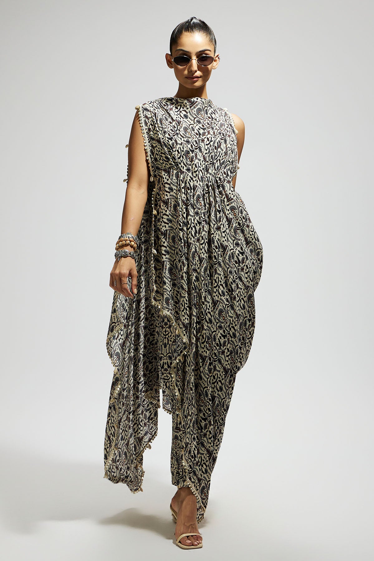 White Jaal Print Crop Top with Attached Drape with Pants