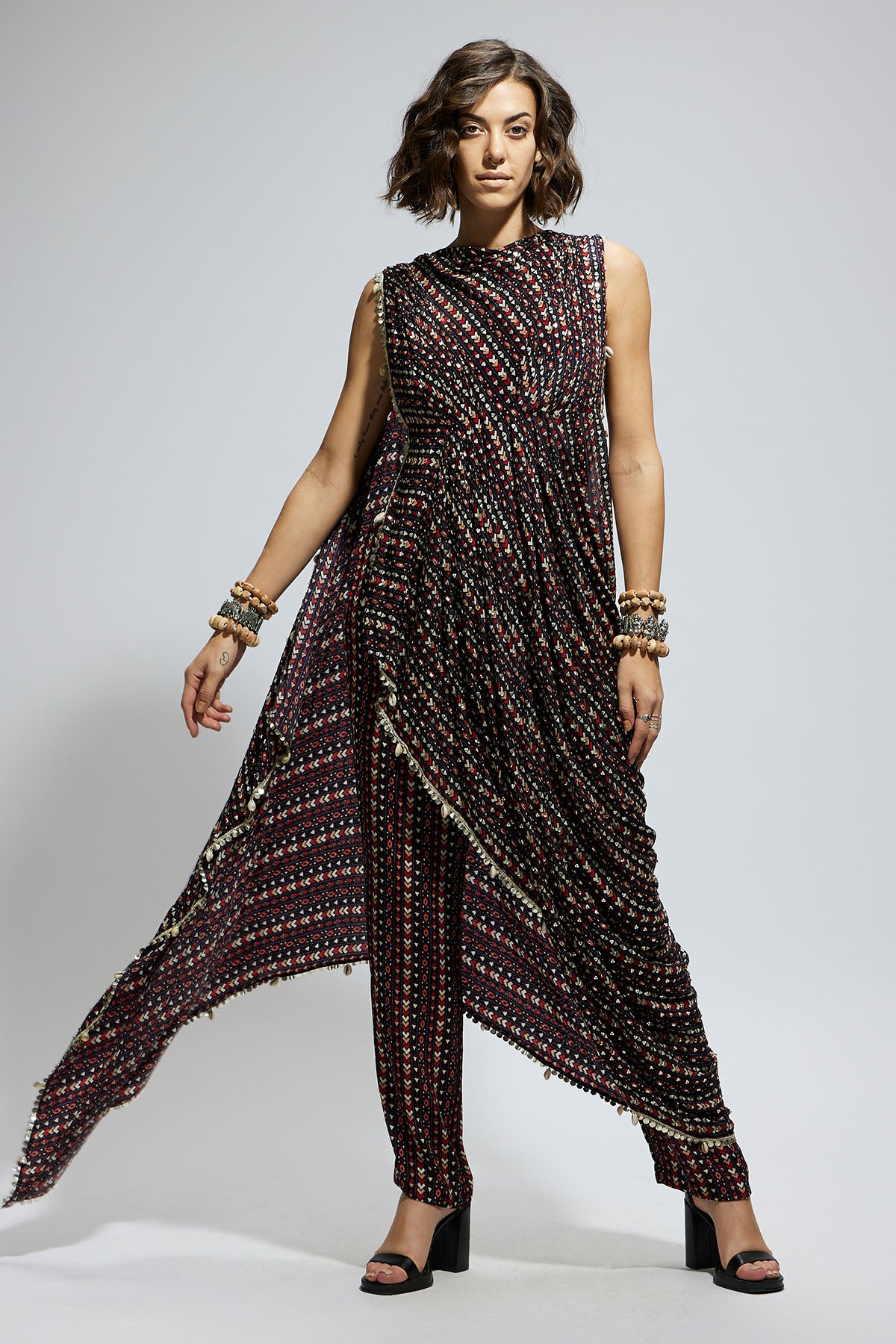 Blue Boho Print Embellished Croptop Attached Drape with Pants