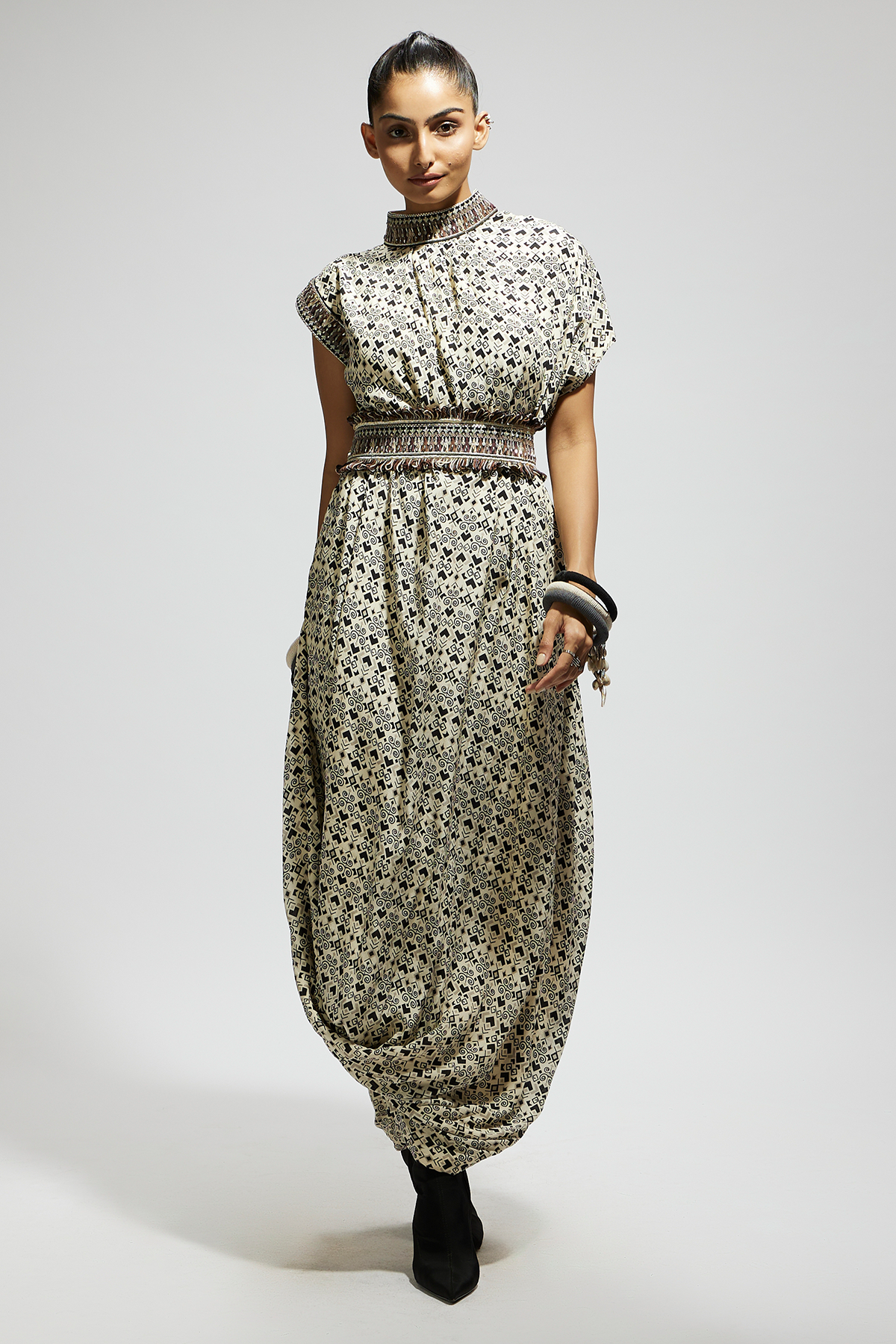 White Print Cowl Dress Teamed with A Belt