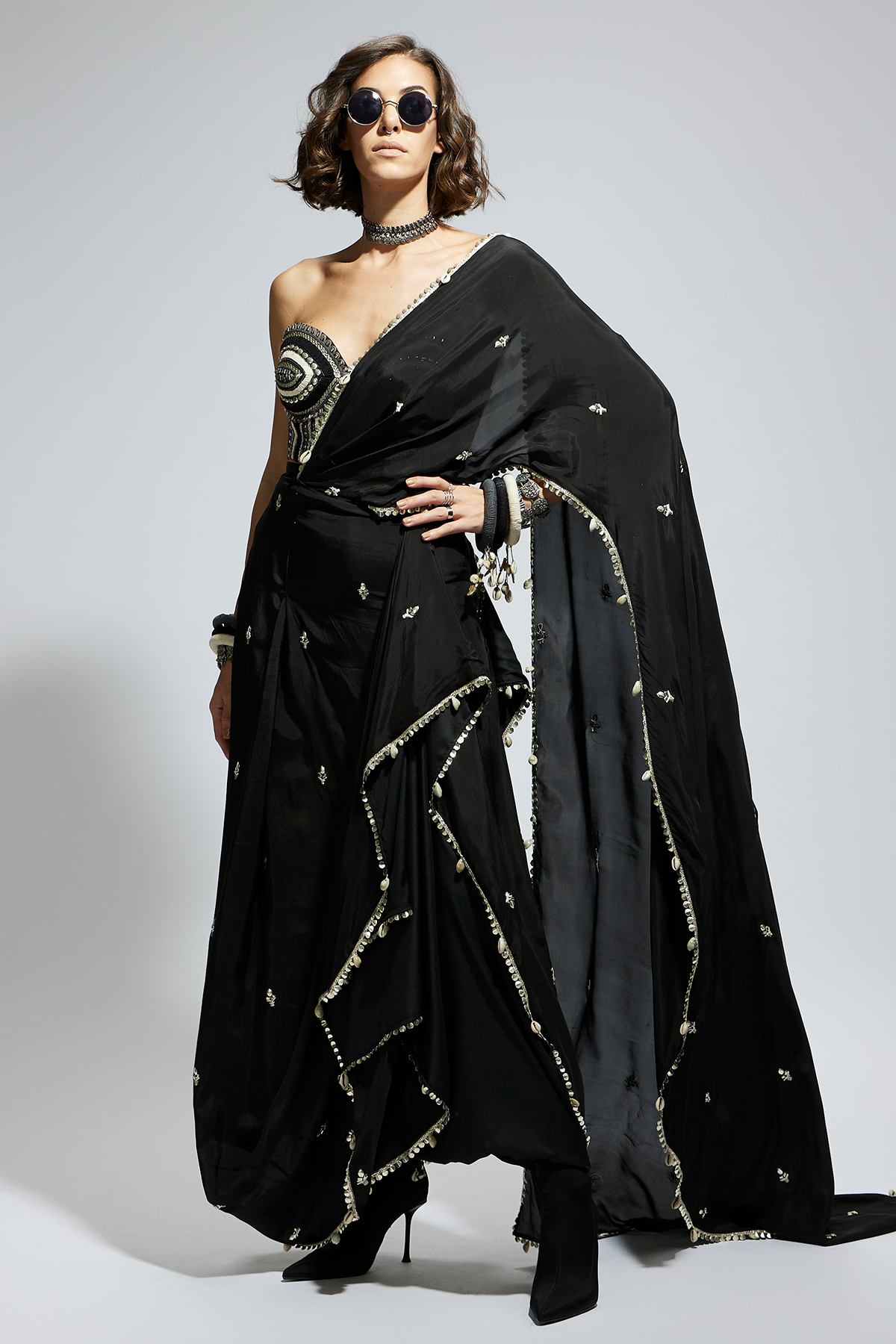 Black Threadwork Corset Paired with Embellished Saree Draped Skirt
