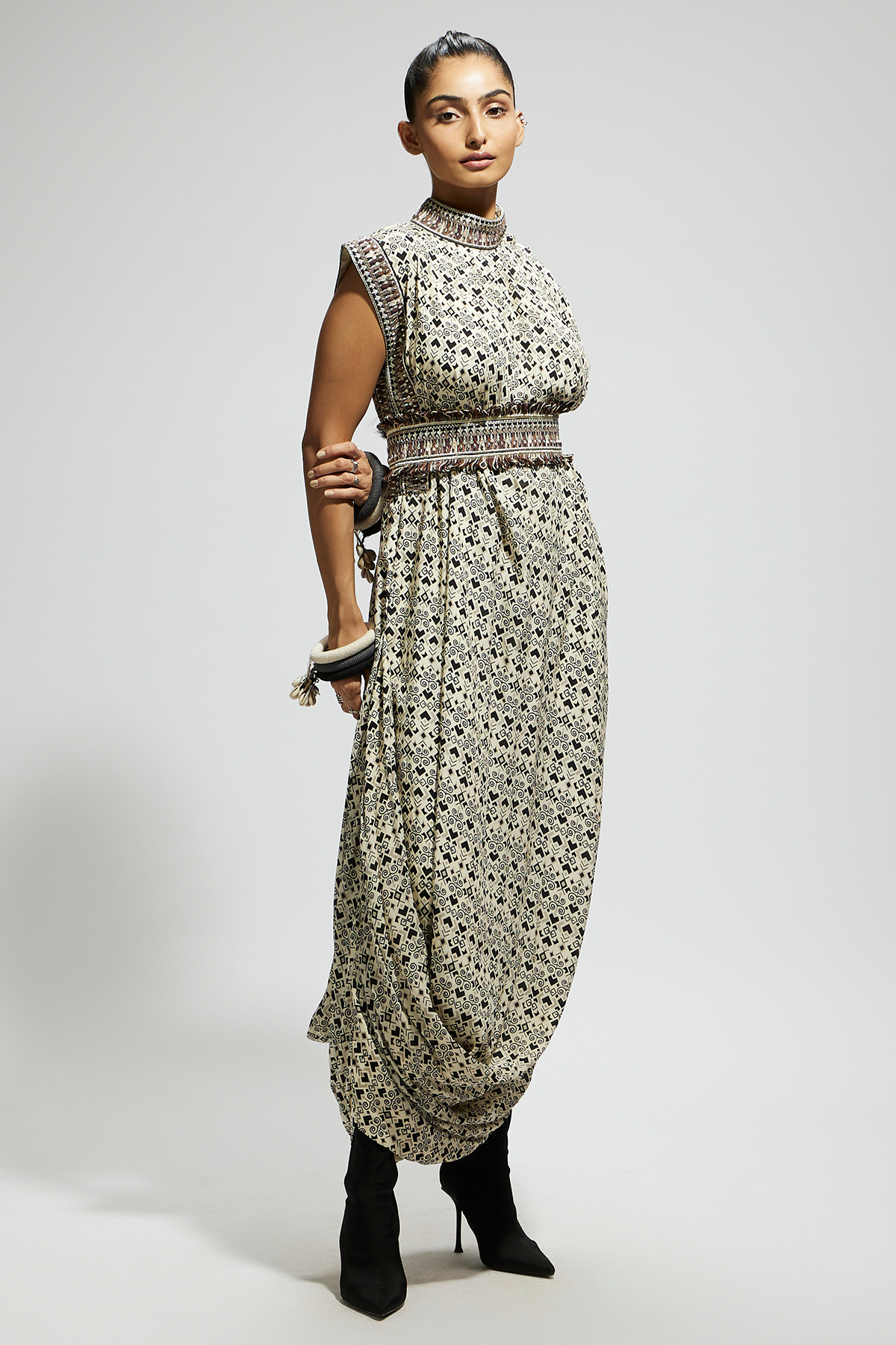 White Print Cowl Dress Teamed with A Belt