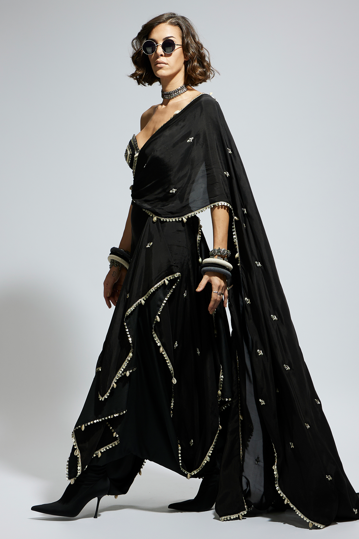 Black Threadwork Corset Paired with Embellished Saree Draped Skirt