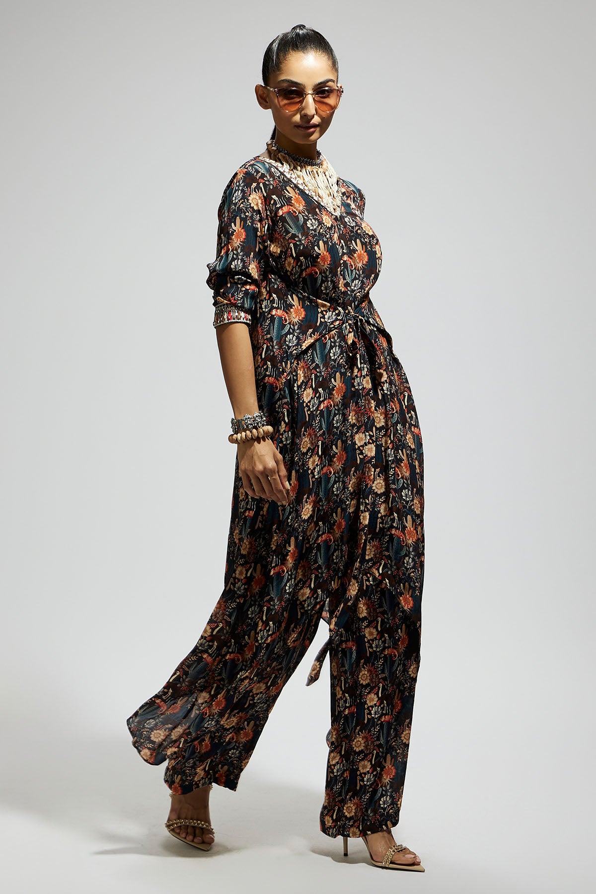 Black Jaal Print Front Tie up Tunic