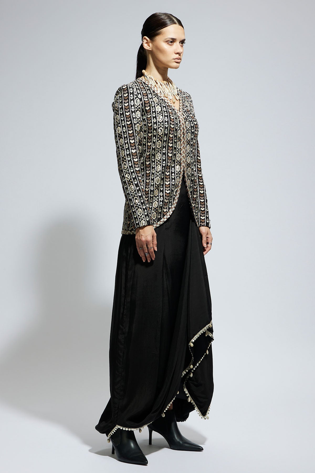 Black Embellished Jacket Paired with Drape Skirt
