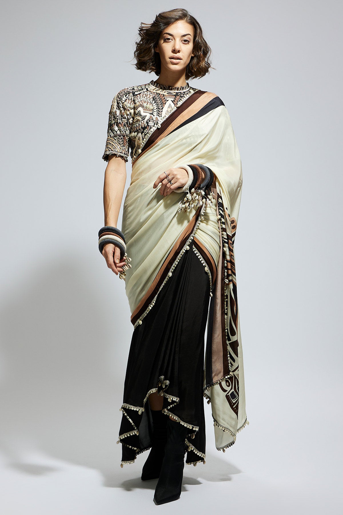 Color Block Mask Print Cascade Sari Paired with Black Abstract Embellished Blouse