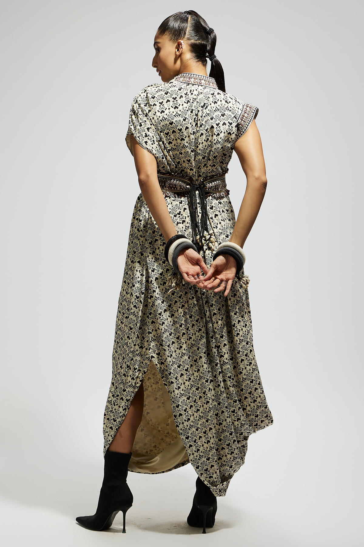 White Print Cowl Dress Teamed with A Belt