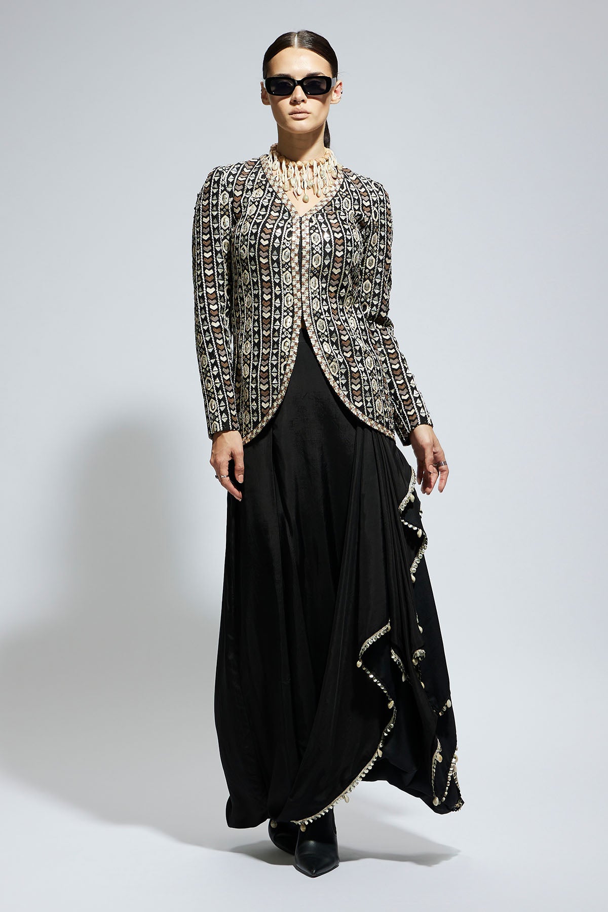 Black Embellished Jacket Paired with Drape Skirt