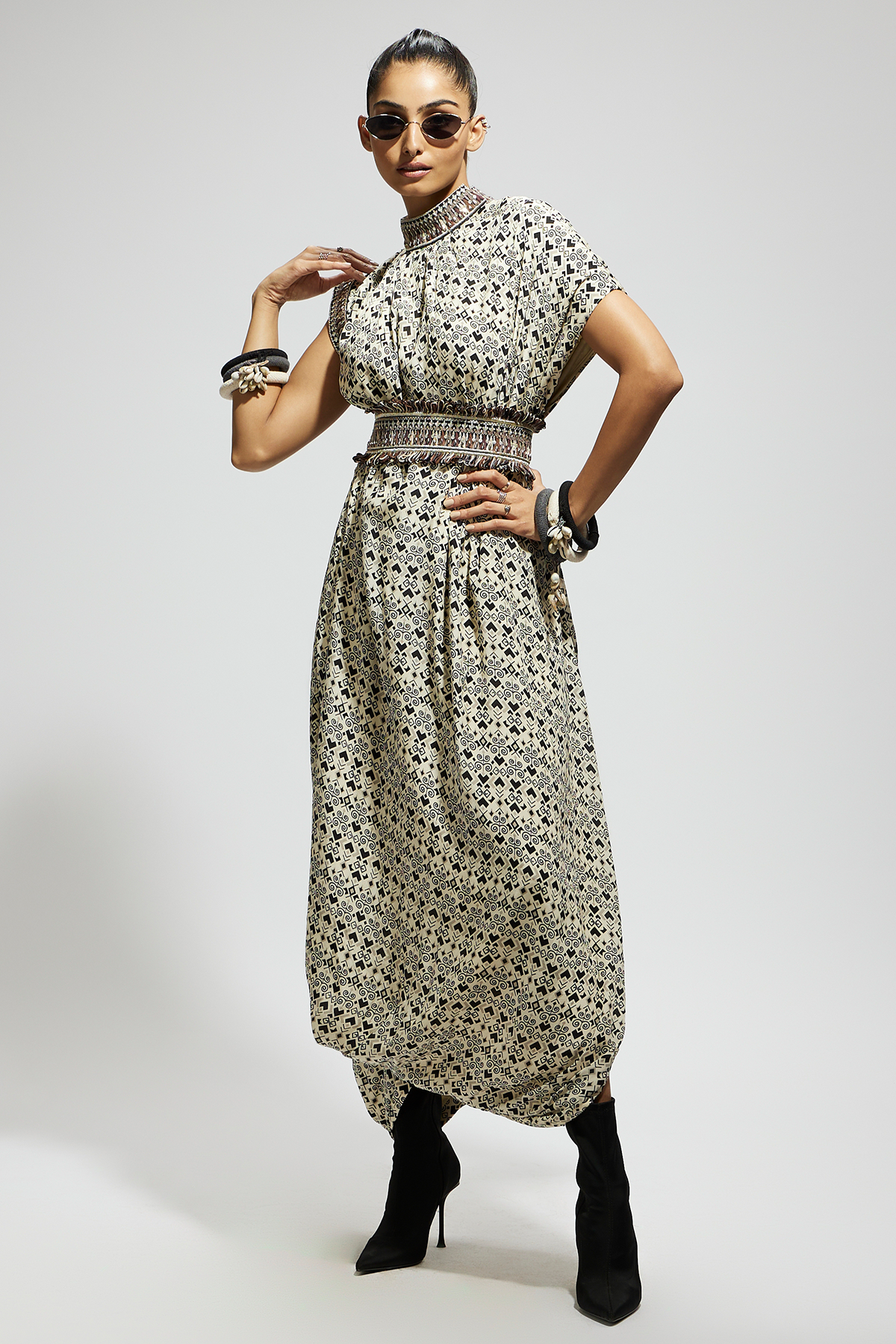 White Print Cowl Dress Teamed with A Belt