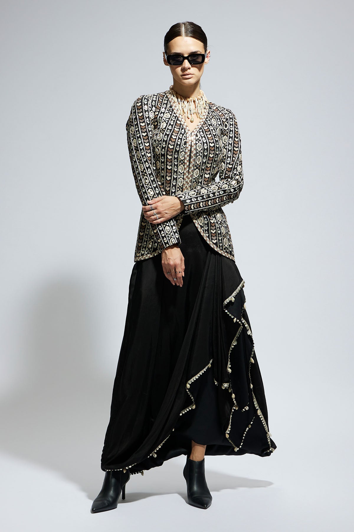 Black Embellished Jacket Paired with Drape Skirt