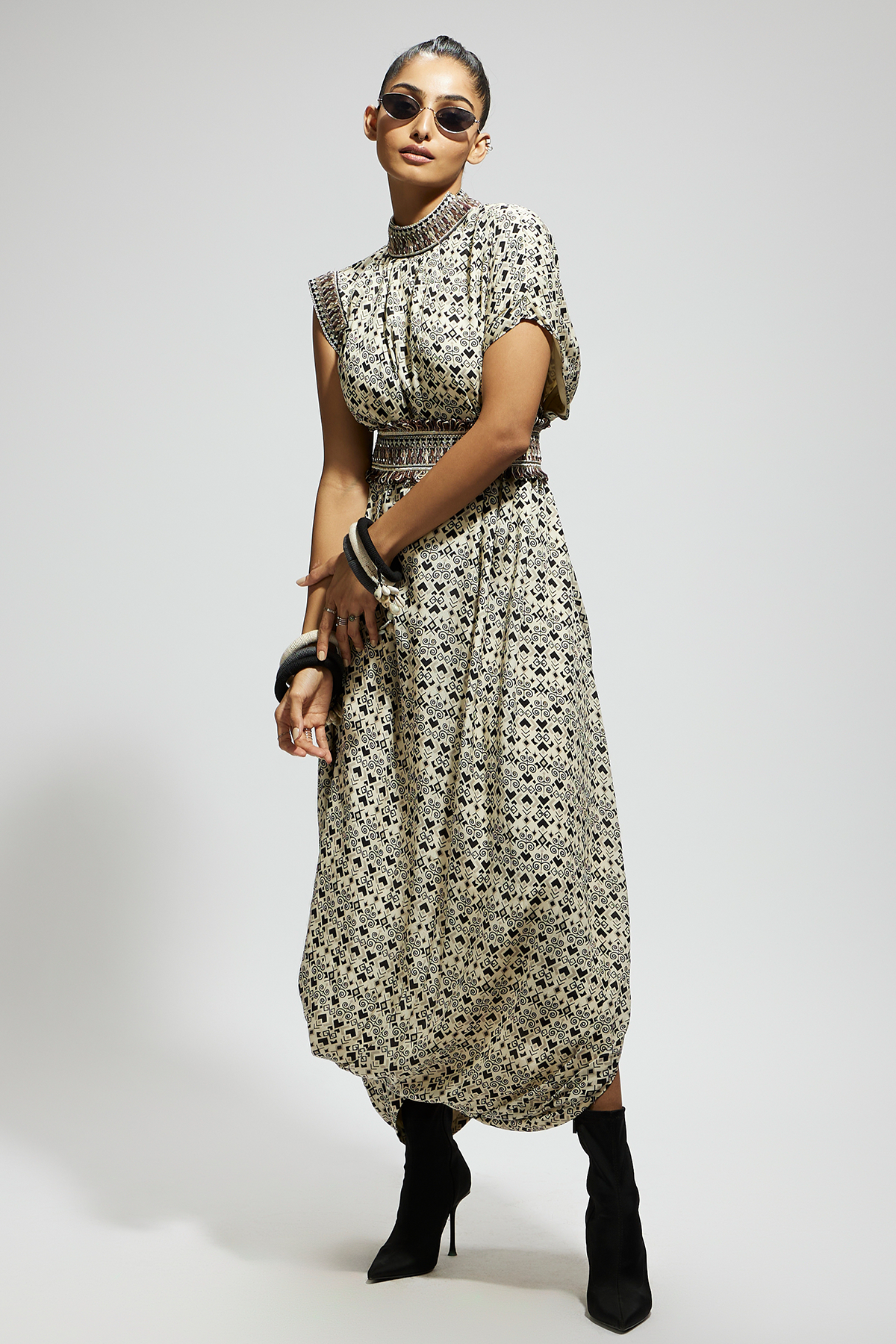 White Print Cowl Dress Teamed with A Belt