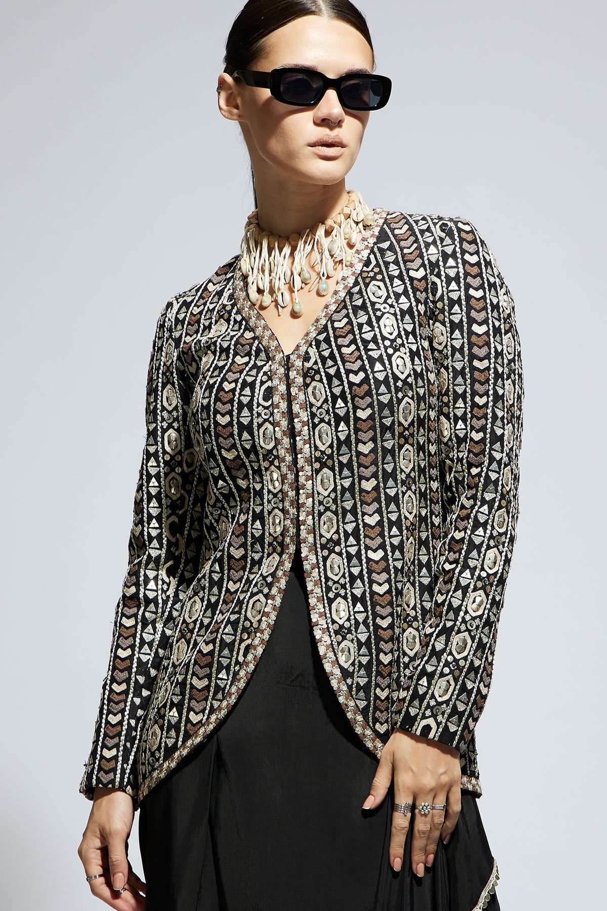 Black Embellished Jacket Paired with Drape Skirt