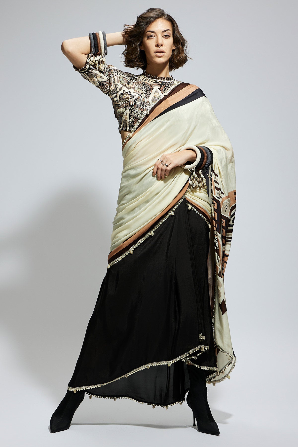 Color Block Mask Print Cascade Sari Paired with Black Abstract Embellished Blouse