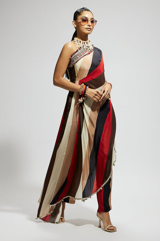 Samsara  Stripe Print One Shoulder Drape with Pants