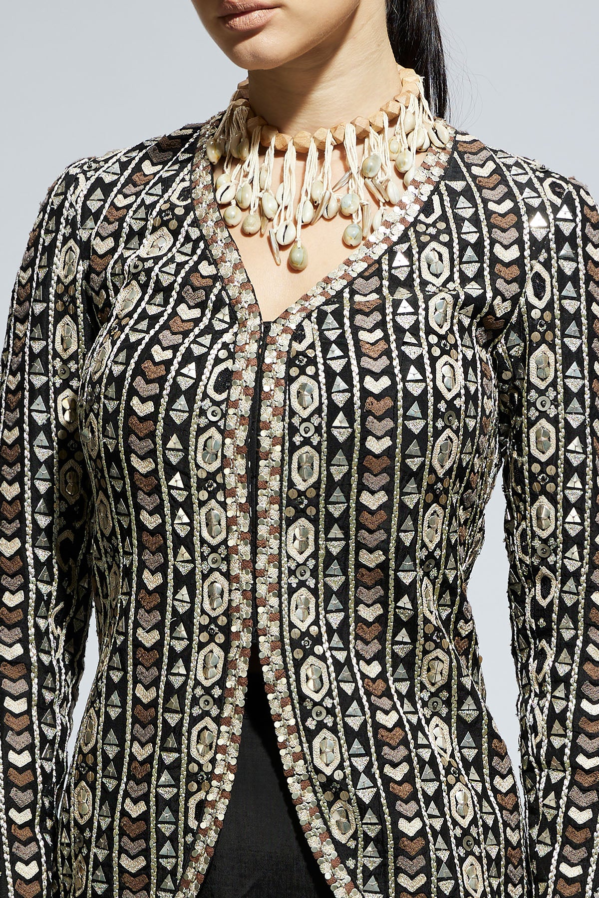 Black Embellished Jacket Paired with Drape Skirt