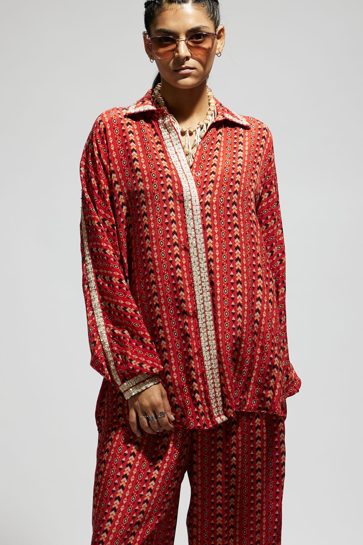 Orange Boho Print Embellished Oversized Coord Set