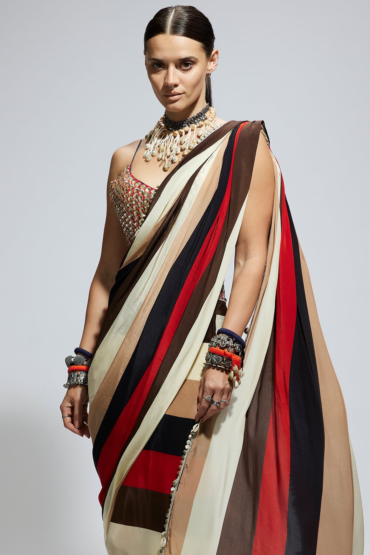 Samsara Stripe Print Cascade Saree with Metallic Scallop Bustier