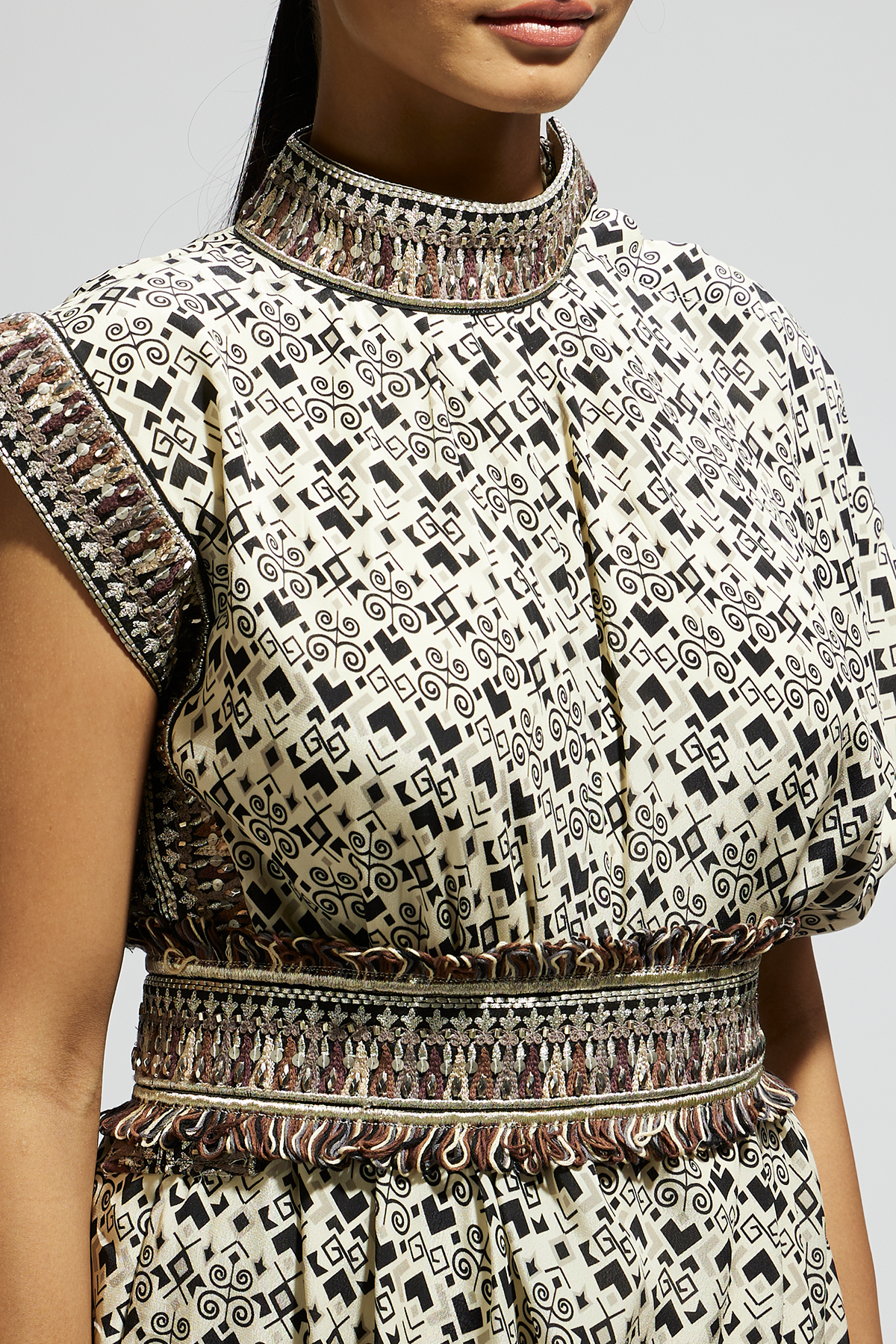 White Print Cowl Dress Teamed with A Belt