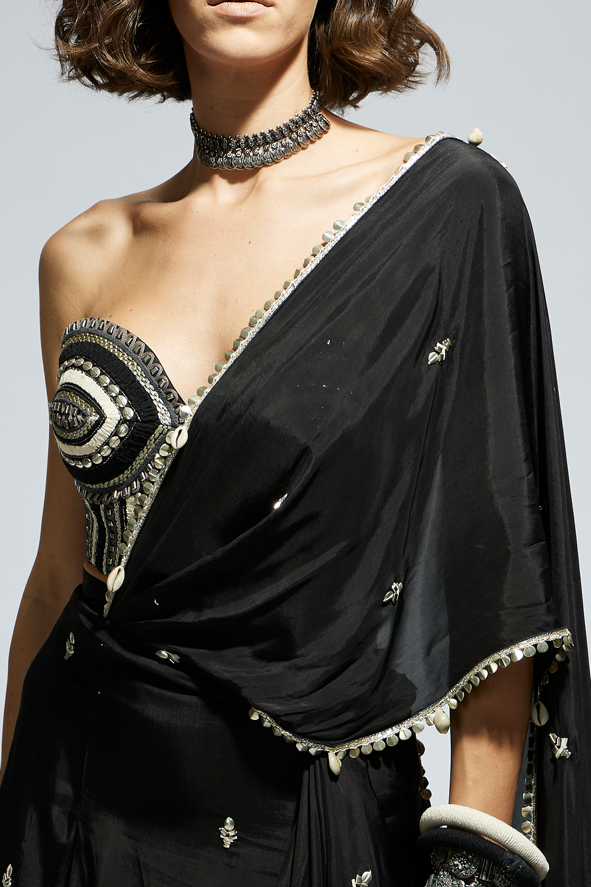 Black Threadwork Corset Paired with Embellished Saree Draped Skirt