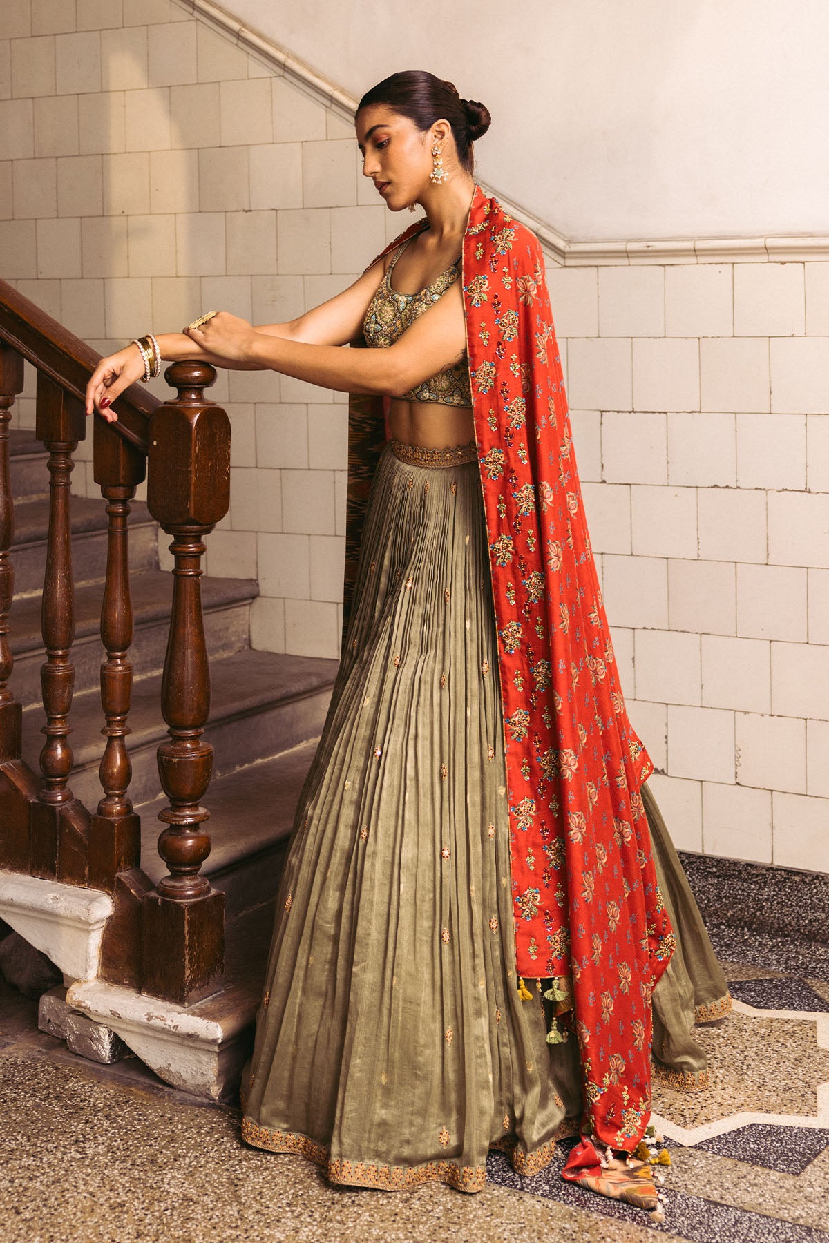 Green Embroidery Bustier Lehenga Set