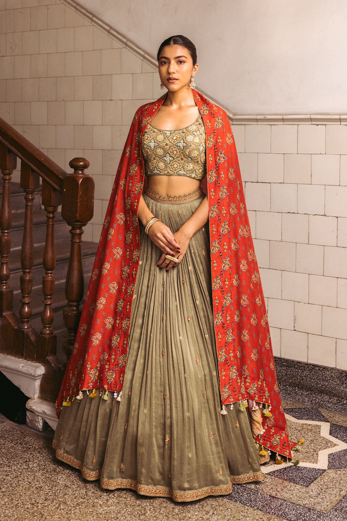 Green Embroidery Bustier Lehenga Set