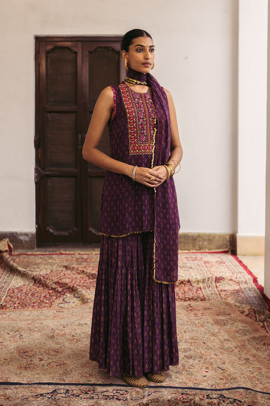 Purple Embroidery Patch Printed Short Kurta with Sharara