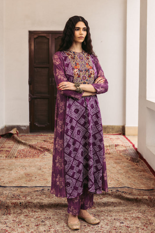 Purple Embroidery Patch Middle Bandhani Printed Kurta Set