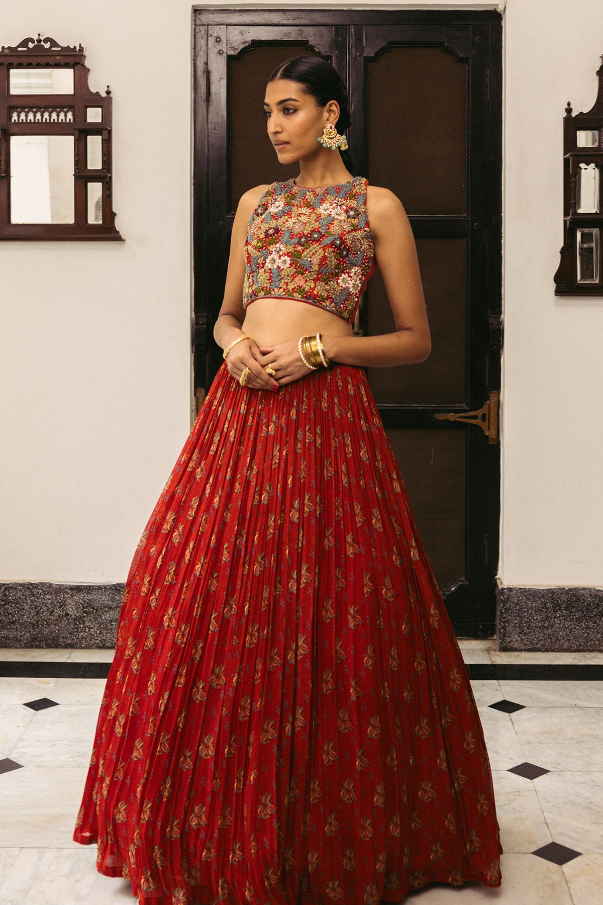Red Embroidery Croptop with Lehenga Set
