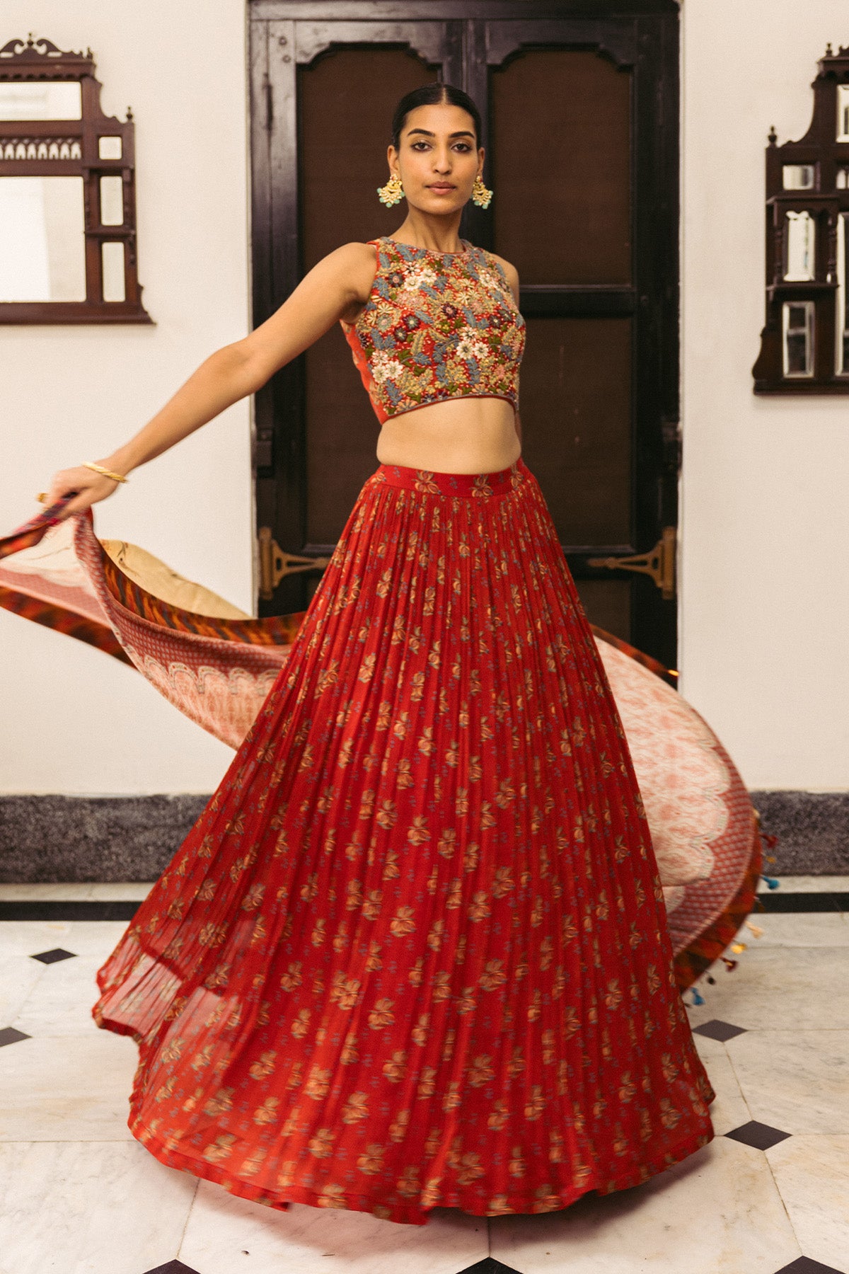 Red Embroidery Croptop with Lehenga Set