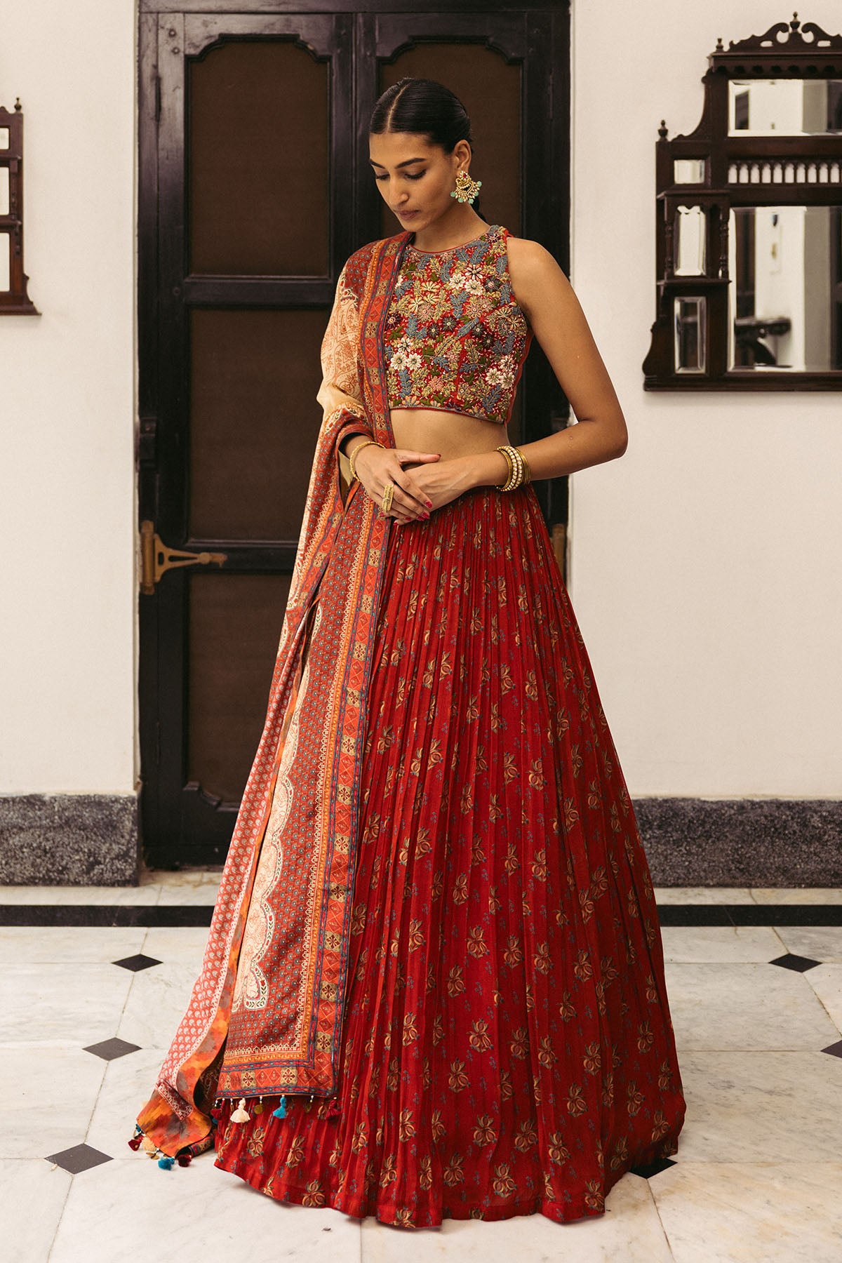 Red Embroidery Croptop with Lehenga Set