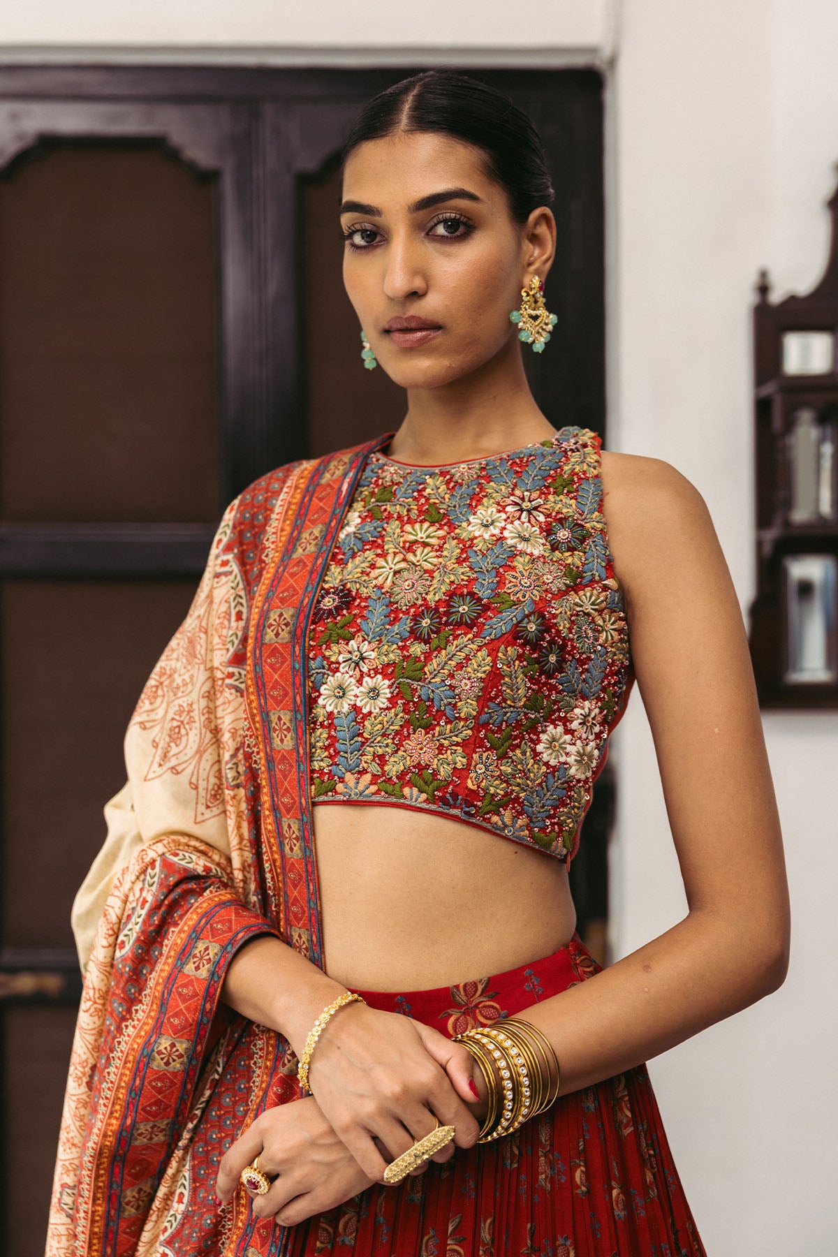 Red Embroidery Croptop with Lehenga Set