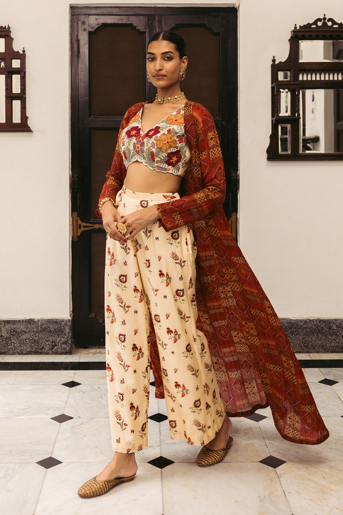 Cream Floral Embroidery Croptop with Cream Printed Palazzos