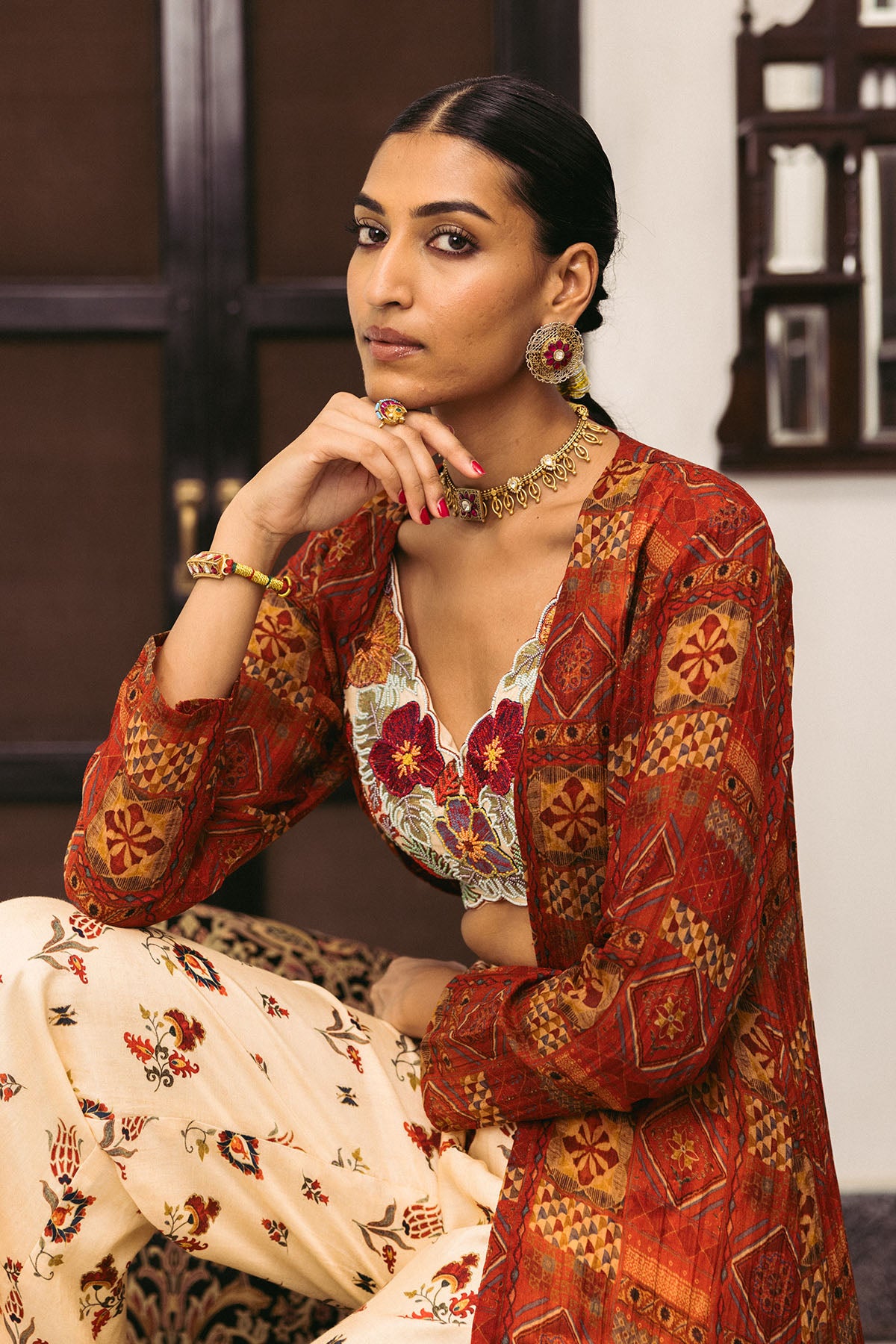 Cream Floral Embroidery Croptop with Cream Printed Palazzos