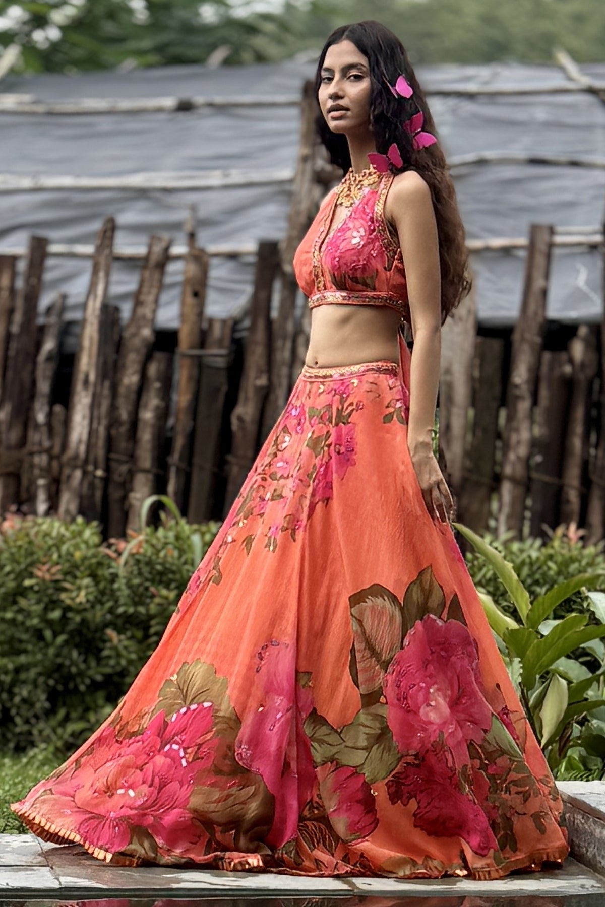 Orange & Pink Organza Floral Lehenga Set