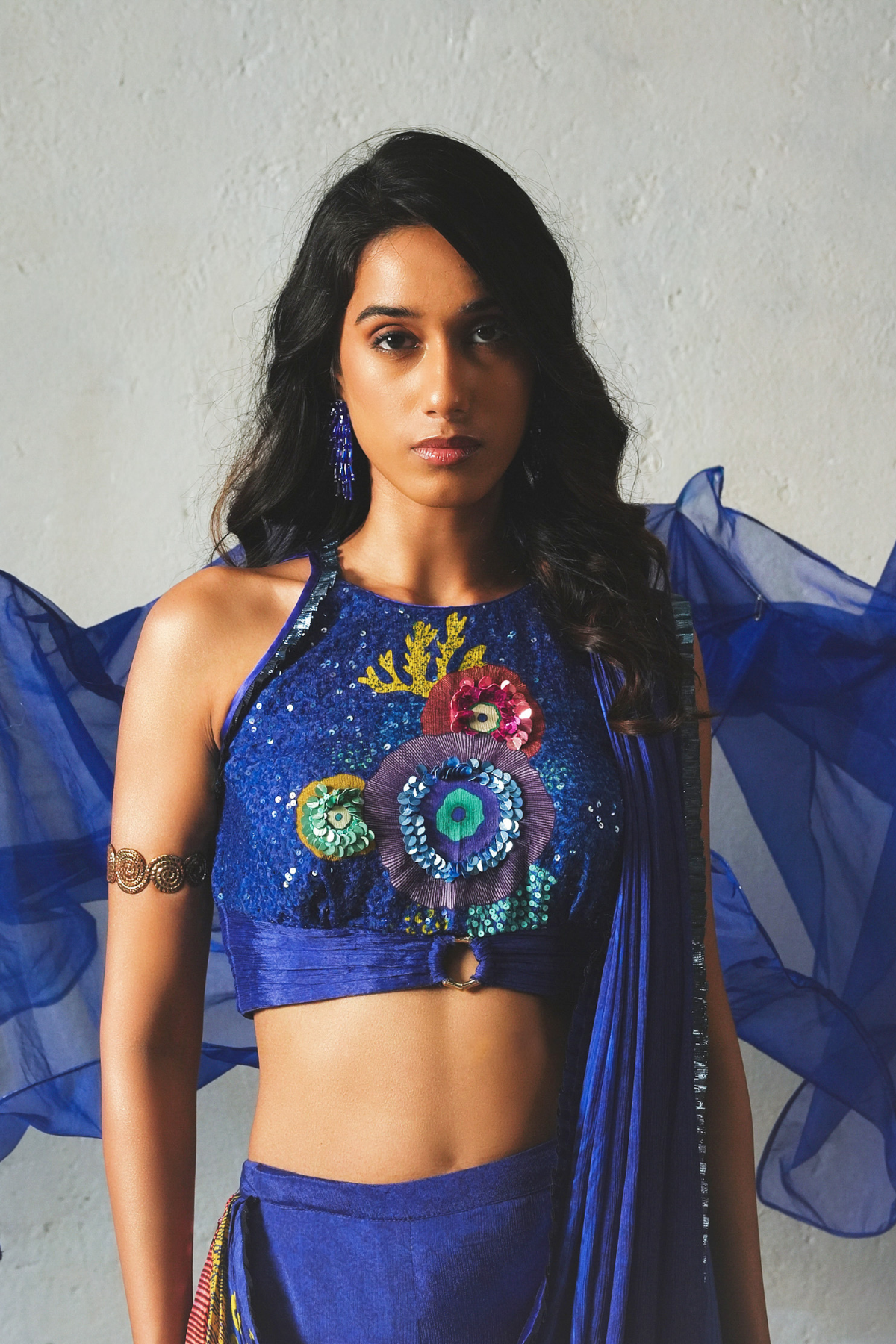 Blue Chiffon Handwork Pre-Draped Saree Set