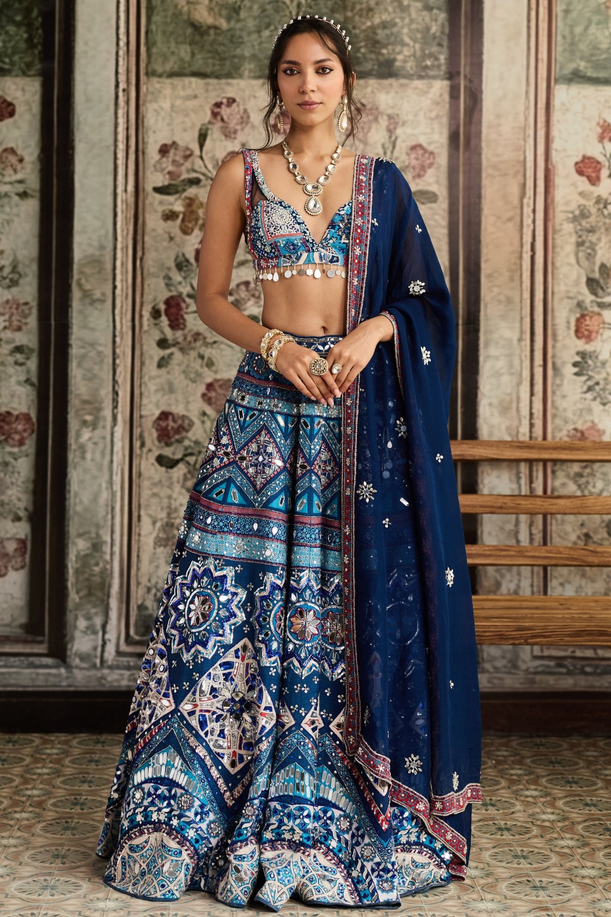 TEAL PRINT AND AND HIGHLIGHTED LEHENGA SET