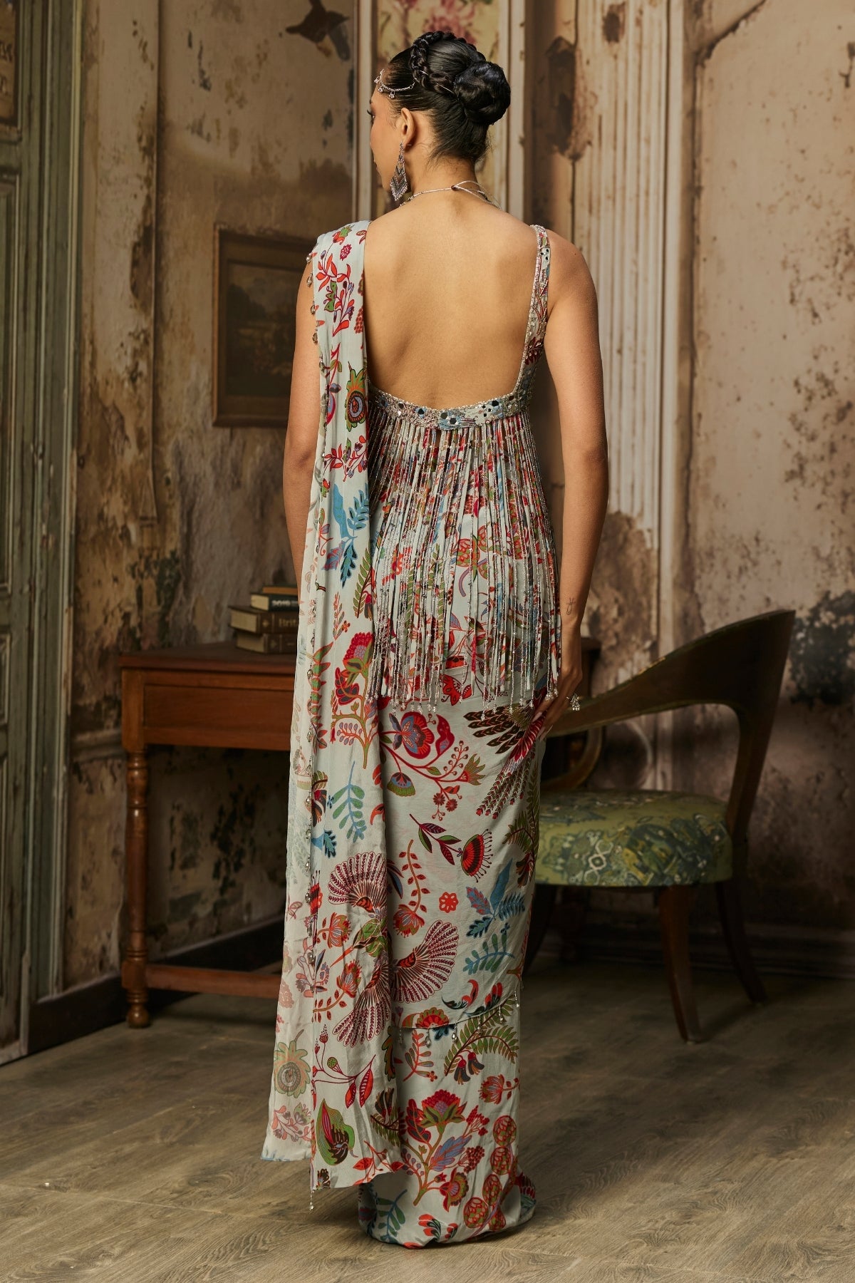 SLATE GREY PRINTED AND HIGHLIGHTED DHOTI SKIRT SAREE SET