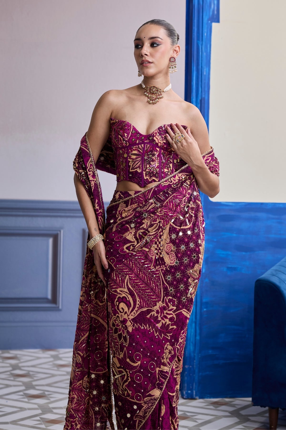 MAGENTA FLORAL CORSET WITH DRAPE CLASSIC SKIRT SAREE SET