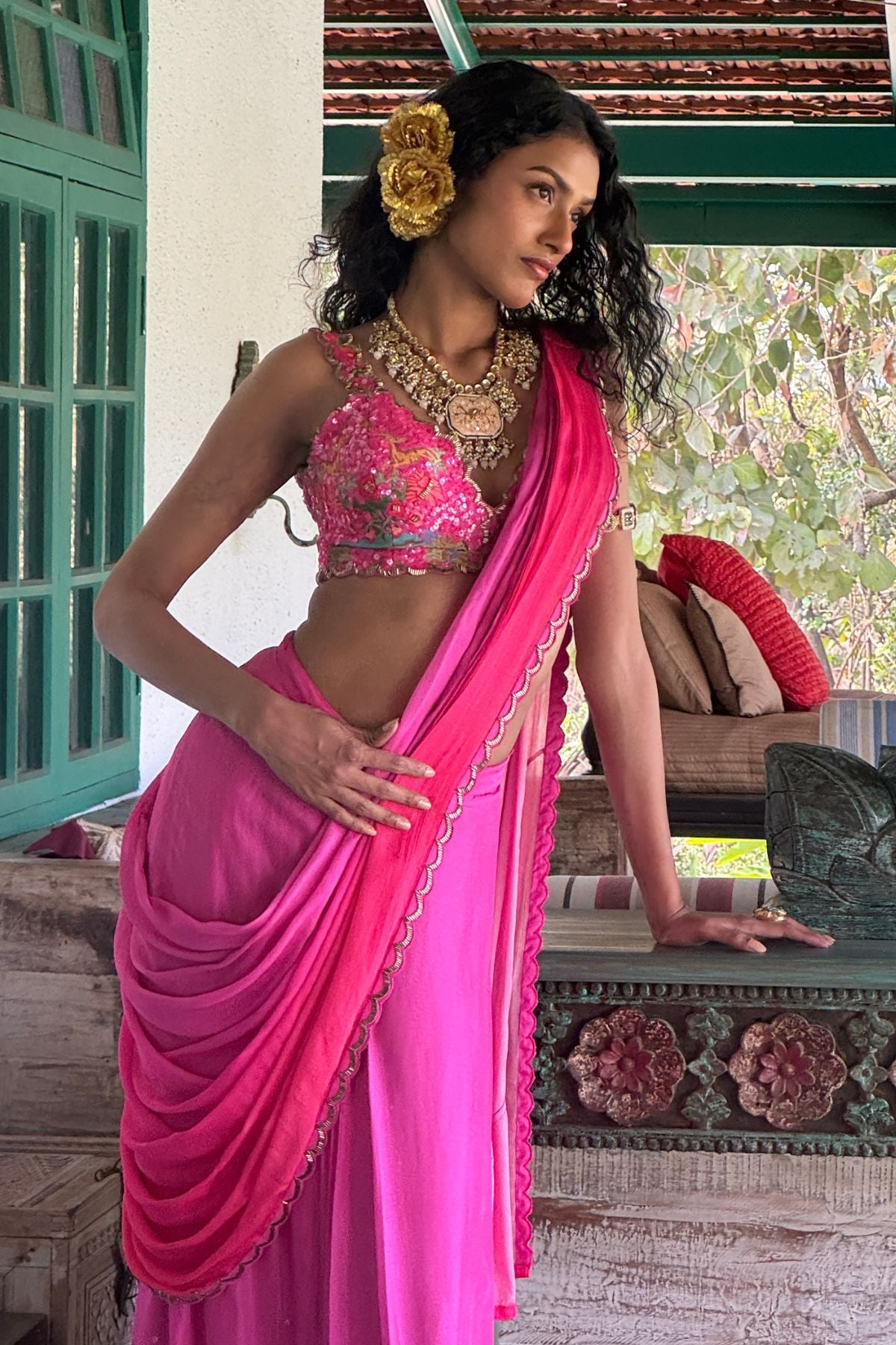 Hot PInk Tussar & Chiffon Pre-Draped Saree Set