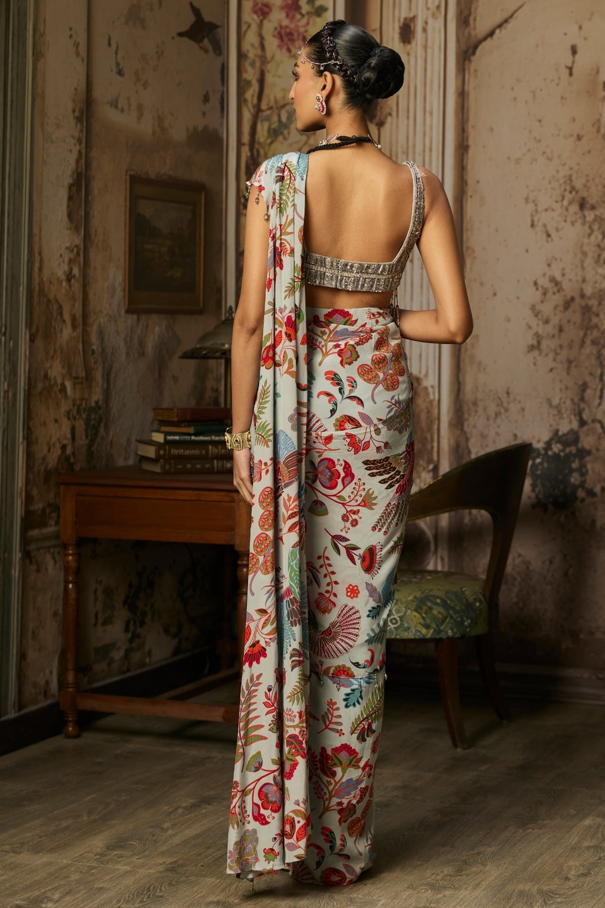 SLATE GREY EMBROIDERED BLOUSE WITH DHOTI SKIRT SAREE SET