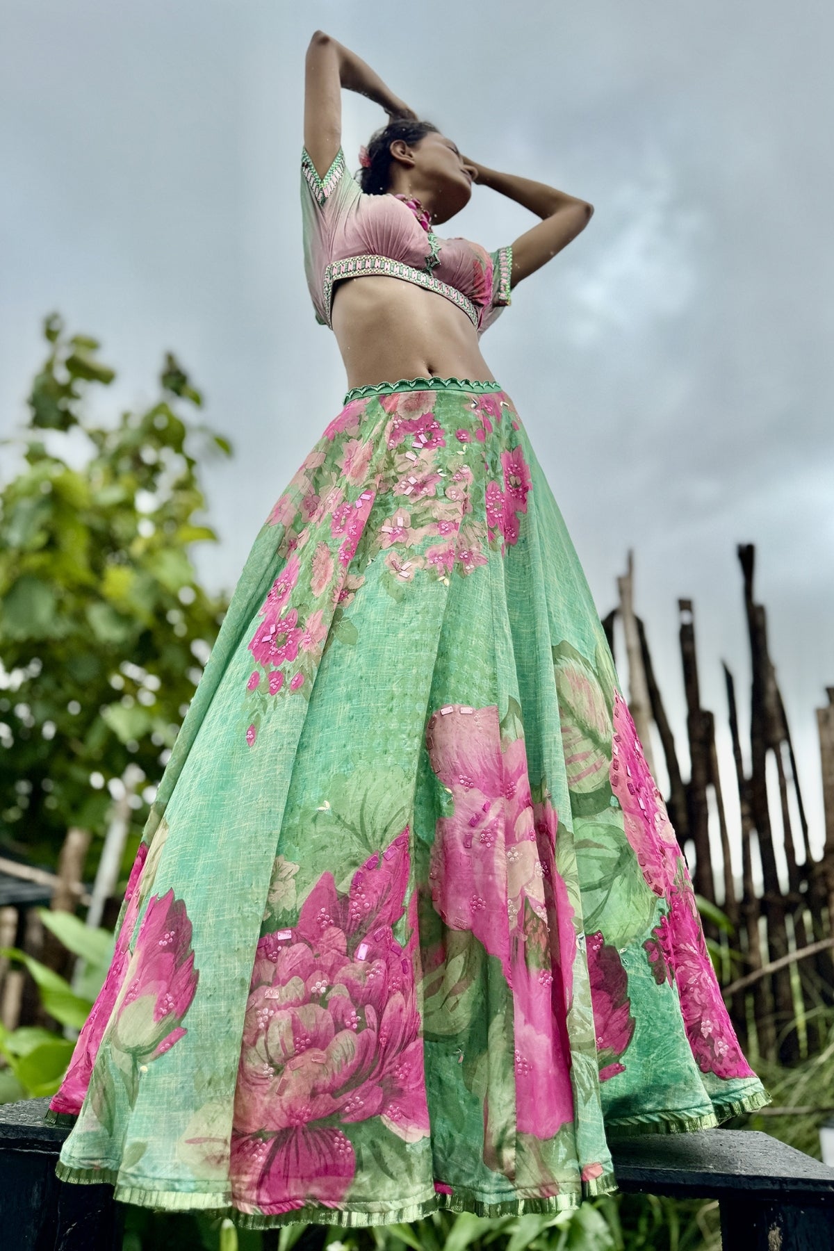 Mint Organza Floral Lehenga Set