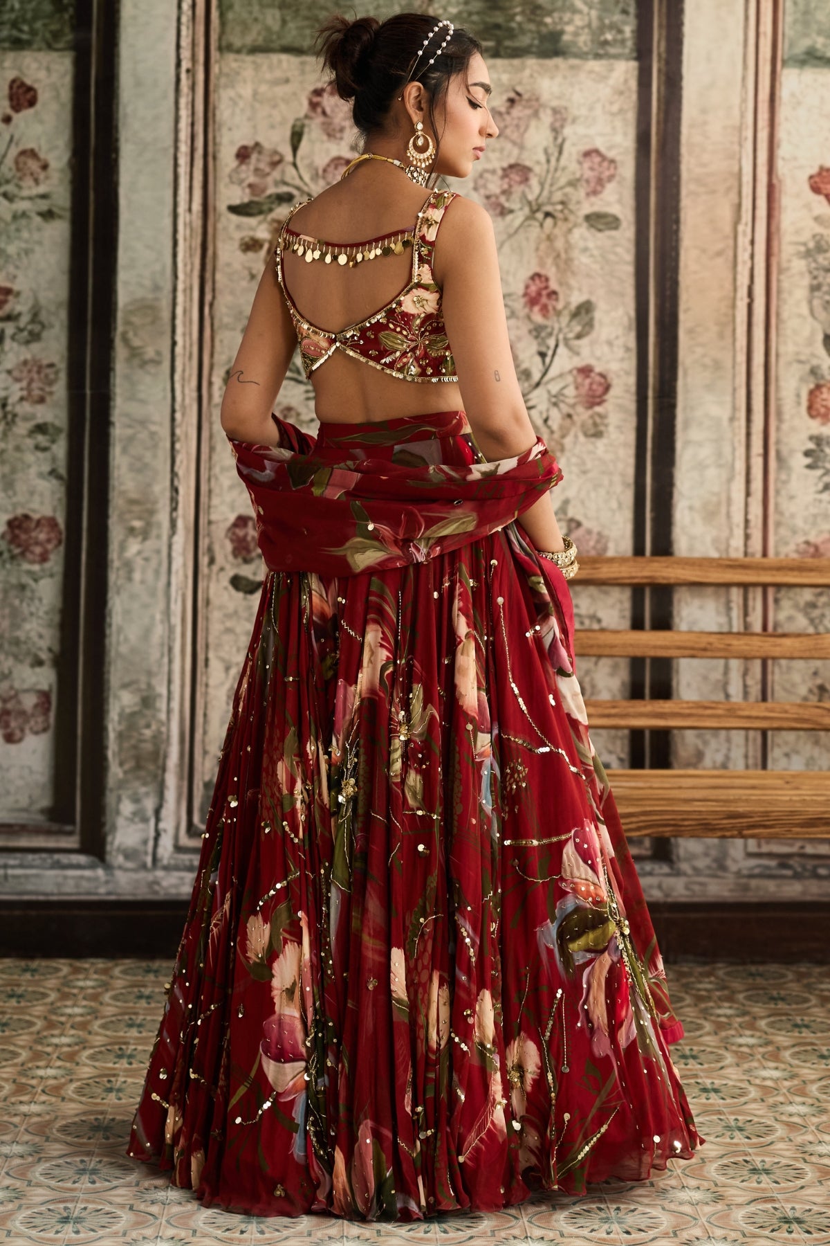 RED FLORAL PRINT AND HIGHLIGHTED LEHENGA SET