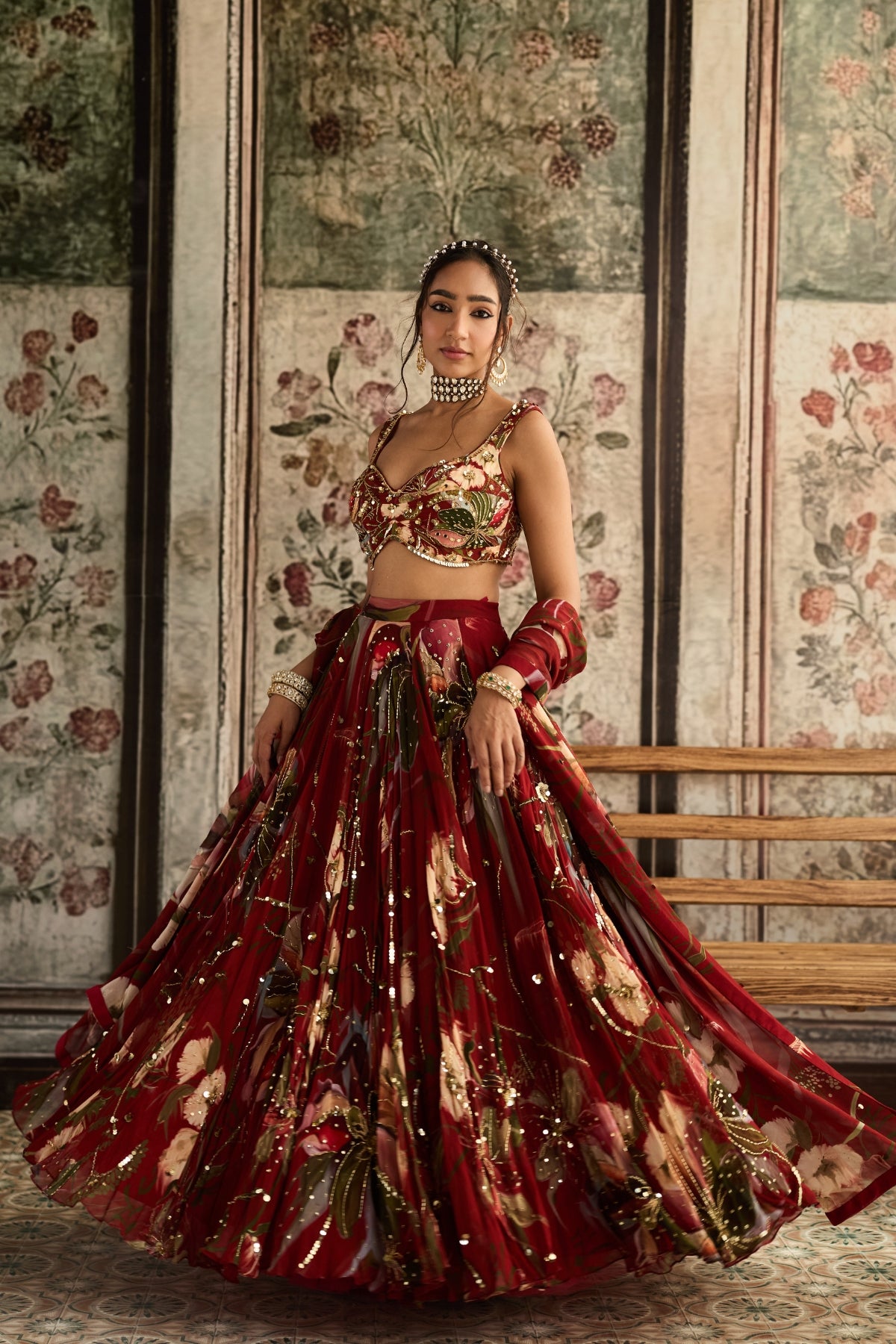 RED FLORAL PRINT AND HIGHLIGHTED LEHENGA SET