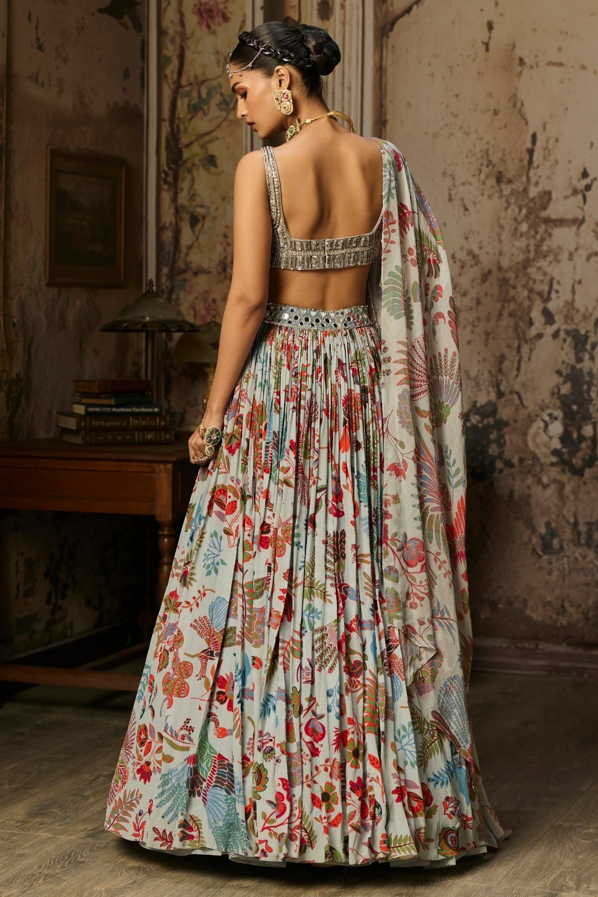 SLATE GREY EMBROIDERED BLOUSE AND PRINTED LEHENGA SET