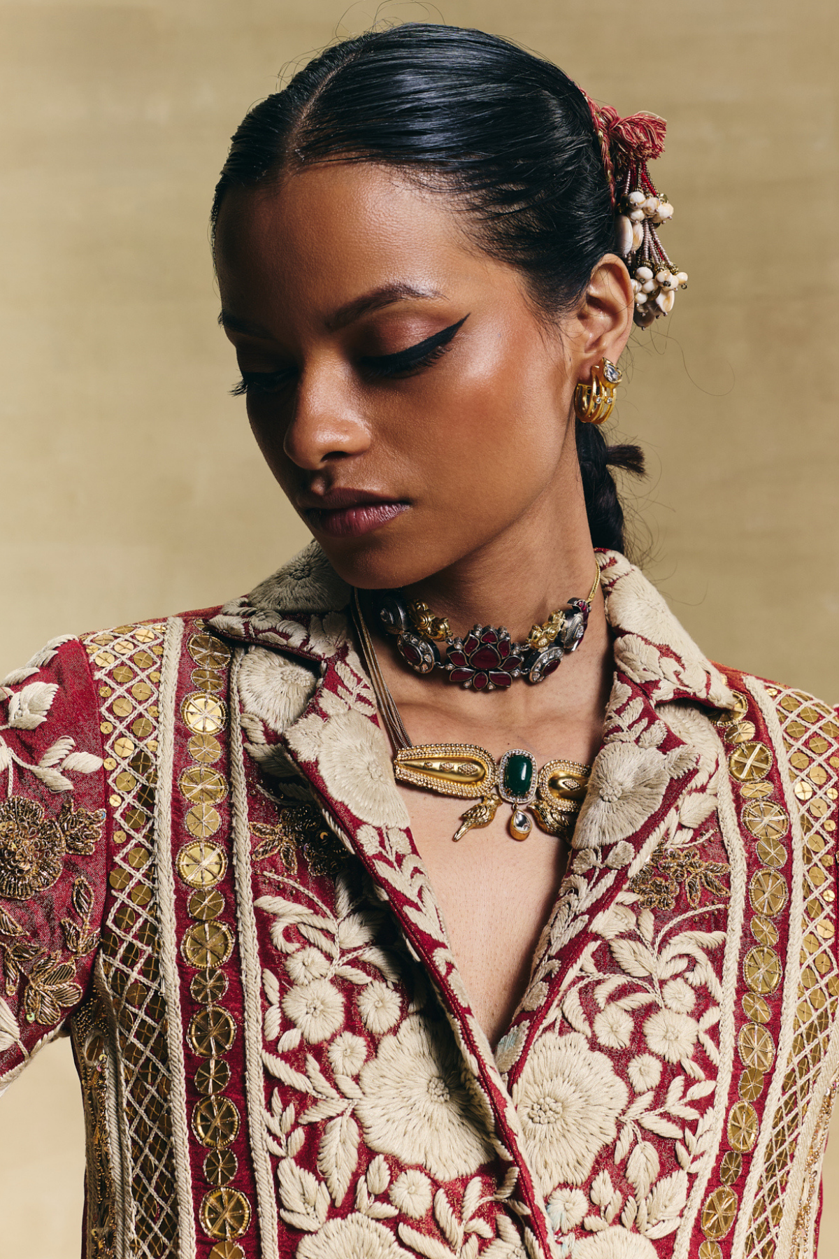 Red blazer with draped skirt