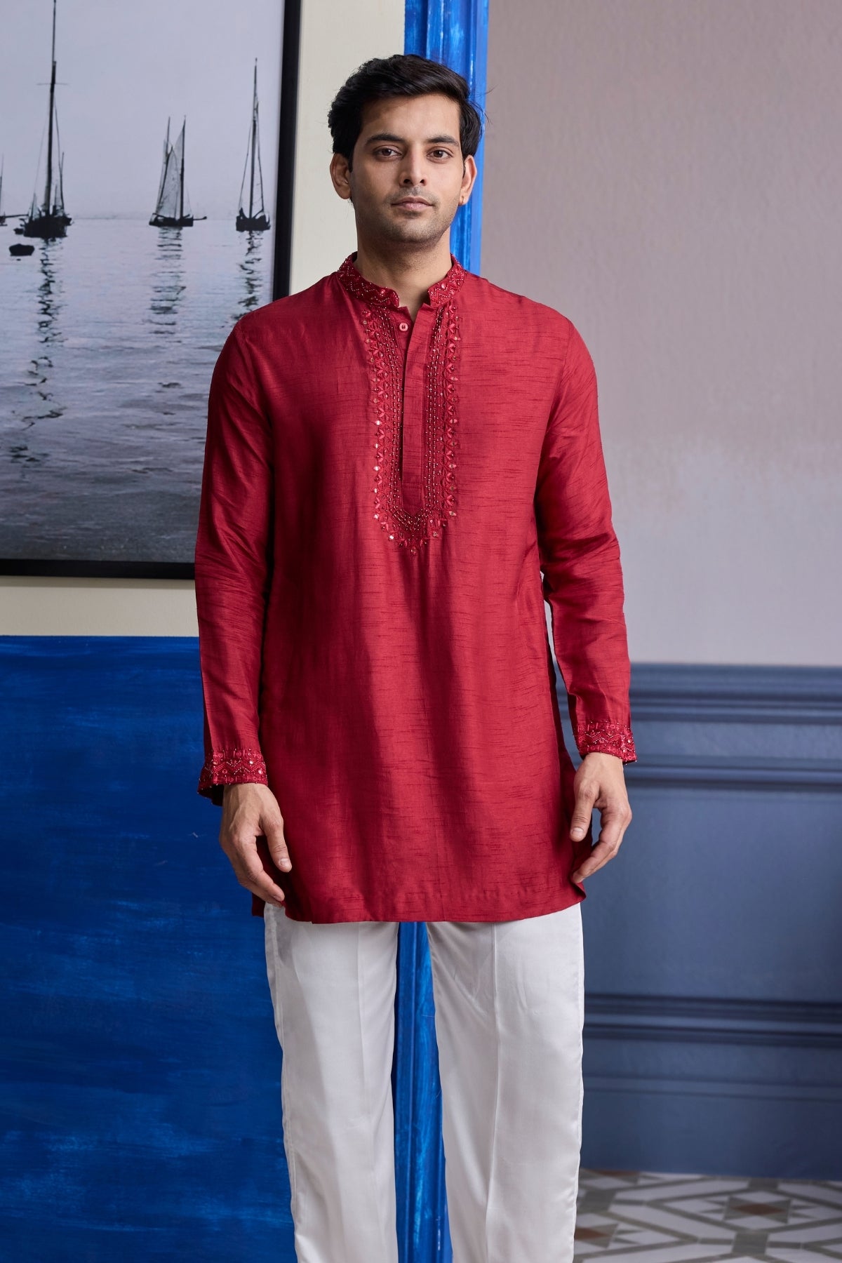 MAROON MIRROR EMBROIDERED & THREAD WORK KURTA WITH PANTS