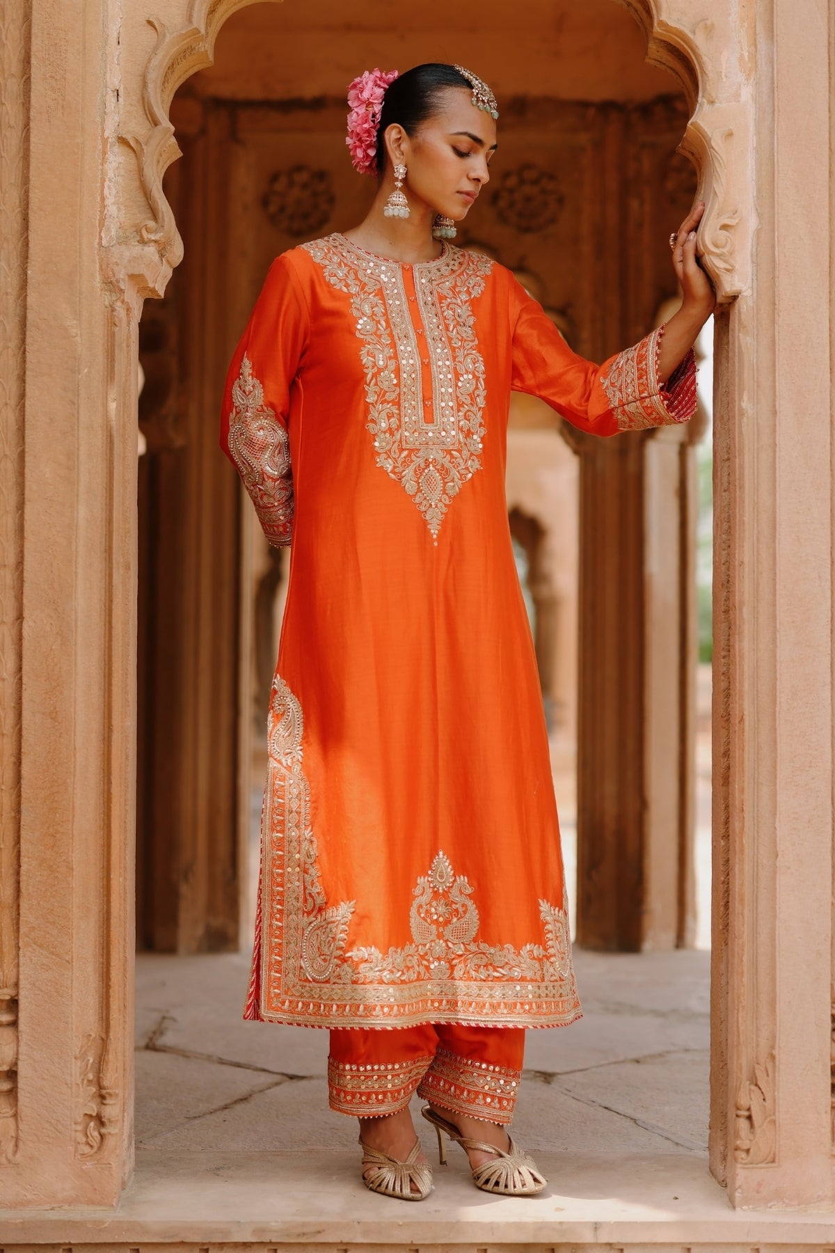Umaira - Burnt Orange Long Kurta Set with Salwar & Dupatta