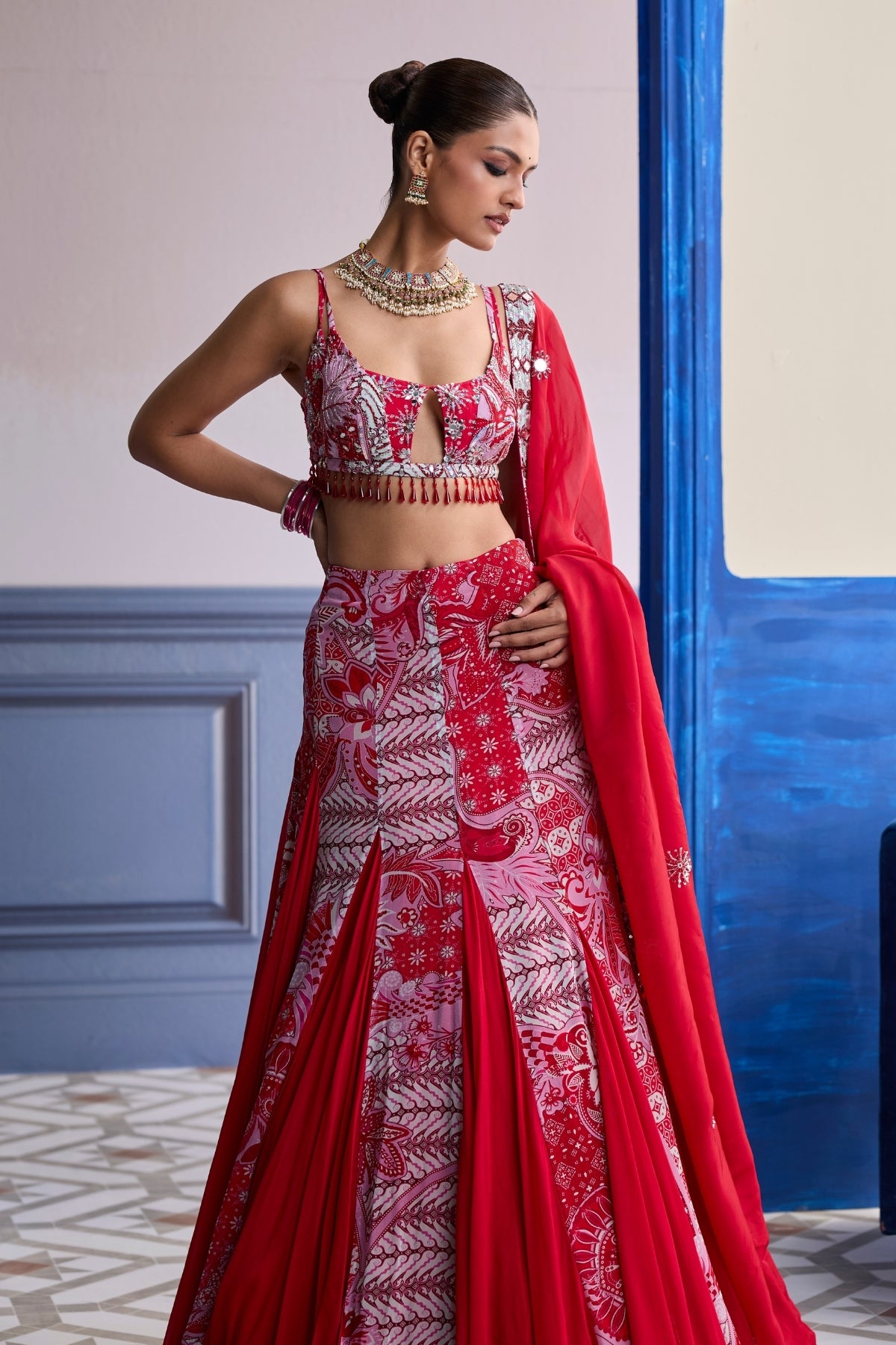 RED FLORAL BLOUSE WITH GODET SKIRT & EMBROIDERED DUPATTA SET