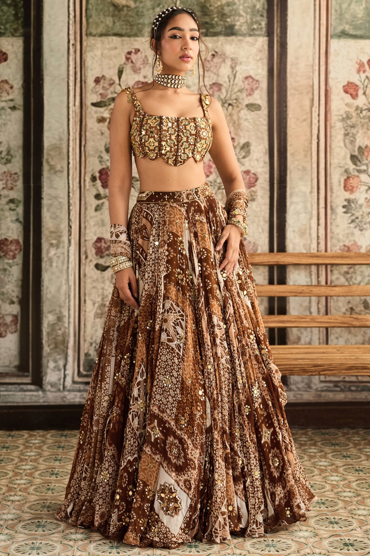 CARAMEL PRINT AND HIGHLIGHTED SCALLOP BLOUSE LEHENGA SET