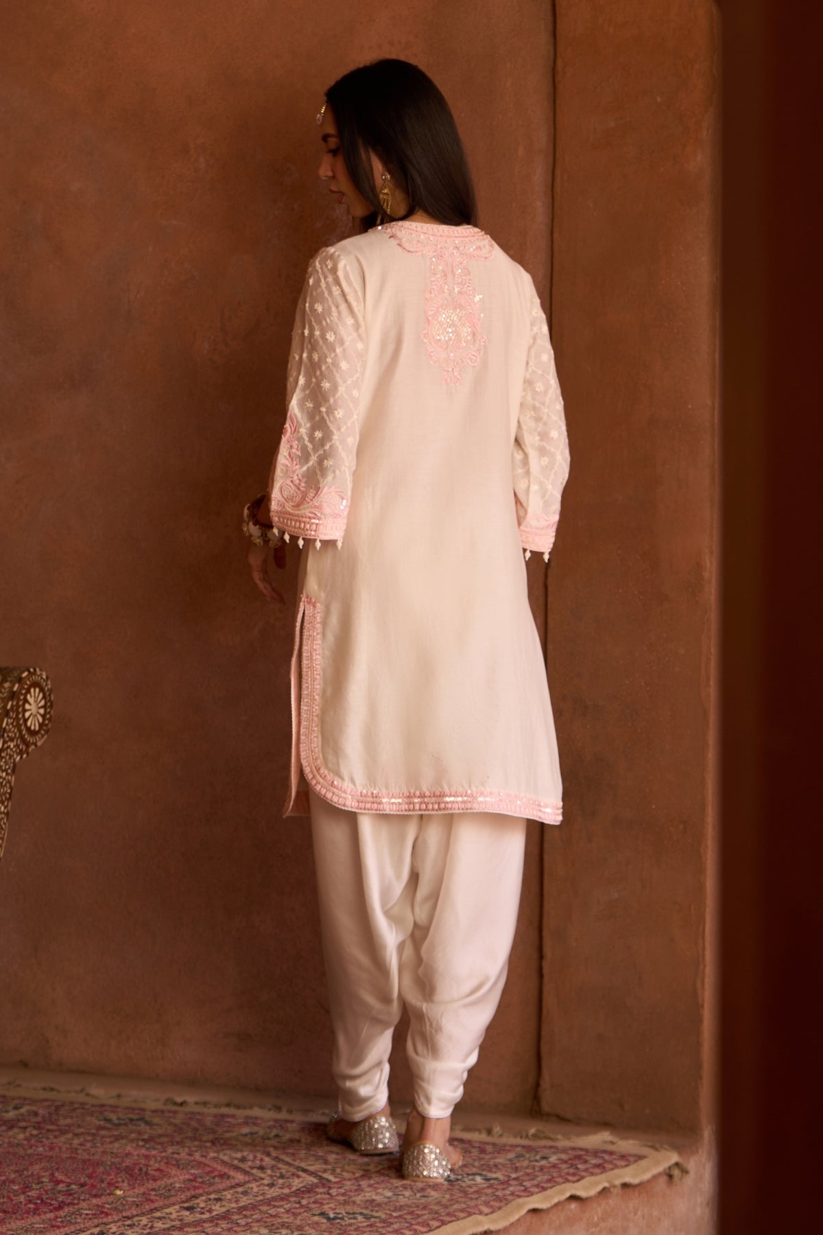 Ruhi - Daisy Ivory With Pink Short Kurta And Dhoti