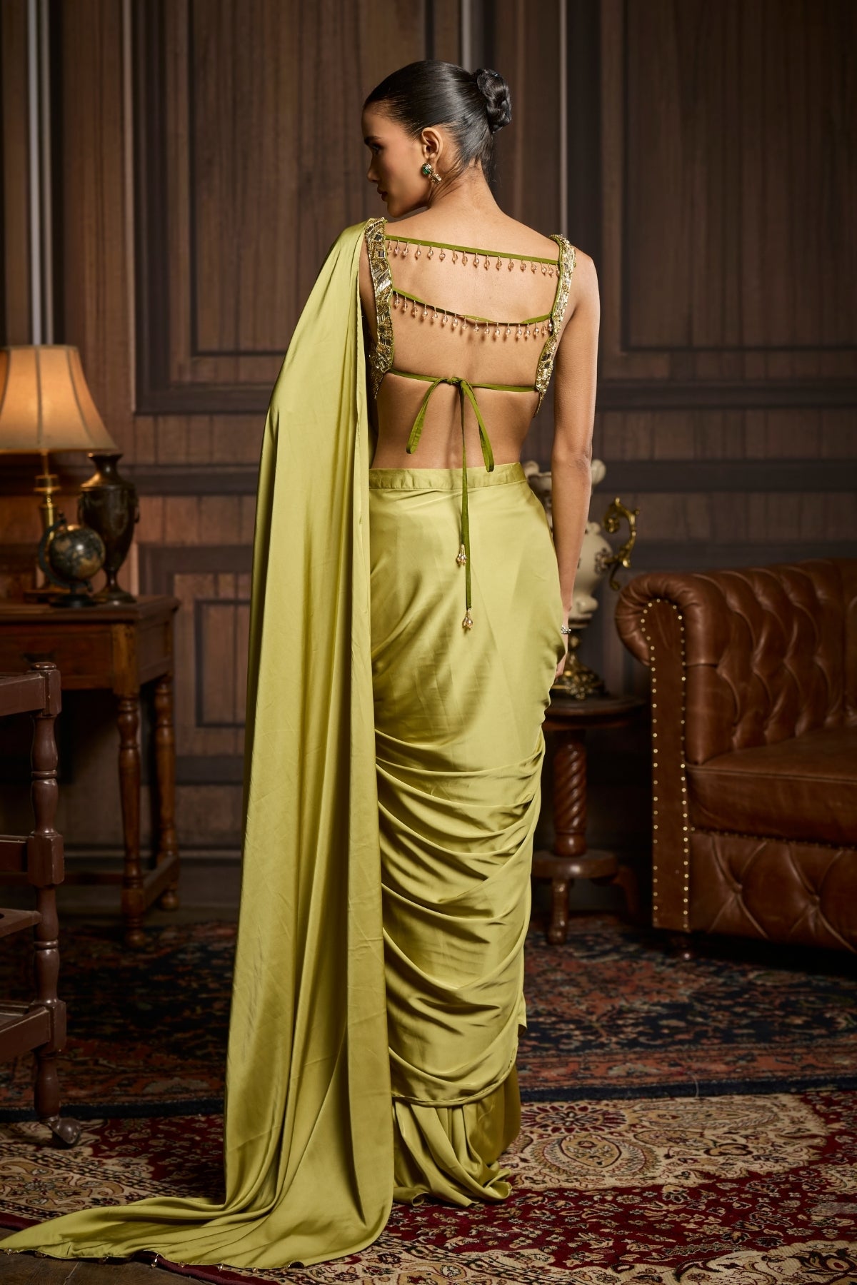 PEAR GREEN EMBROIDERED BLOUSE AND PRE DRAPED SAREE SET